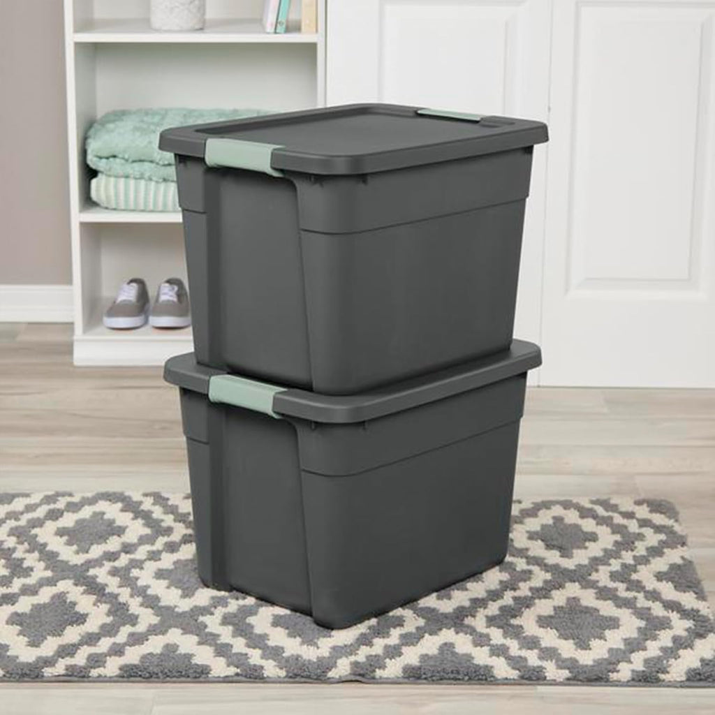 Sterilite 6-Pack Latch Tote, Stackable Plastic Storage Container Bins with Lids, 12 Gallon, Gray/Green - Latching Boxes for Bedroom, Bathroom, Garage, and Office Organization