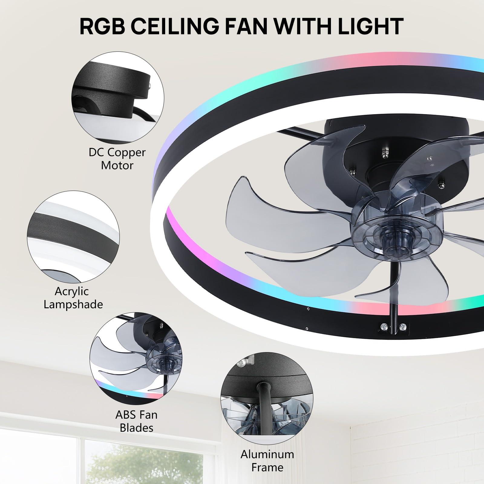 16 Inch RGB Low Profile Ceiling Fans with Lights, Modern Flush Mount Fandelier Chandelier Fixture, Remote & APP Control, Black LED Ceiling Fan Light for Bedroom, Living Room, Kitchen Indoor