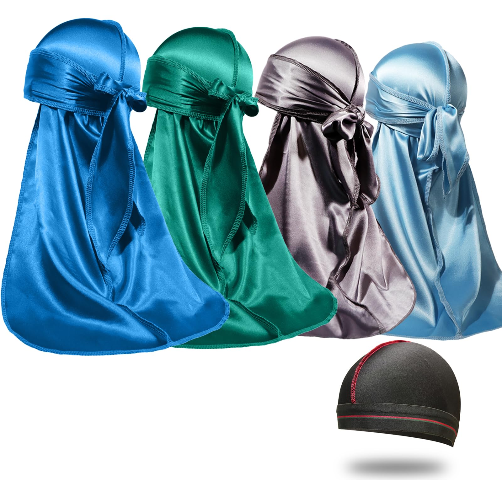 4PCS Silky Durags for Men Women 360 Waves with 1 Wave Cap, Silky Satin Durag Extra Long Tails
