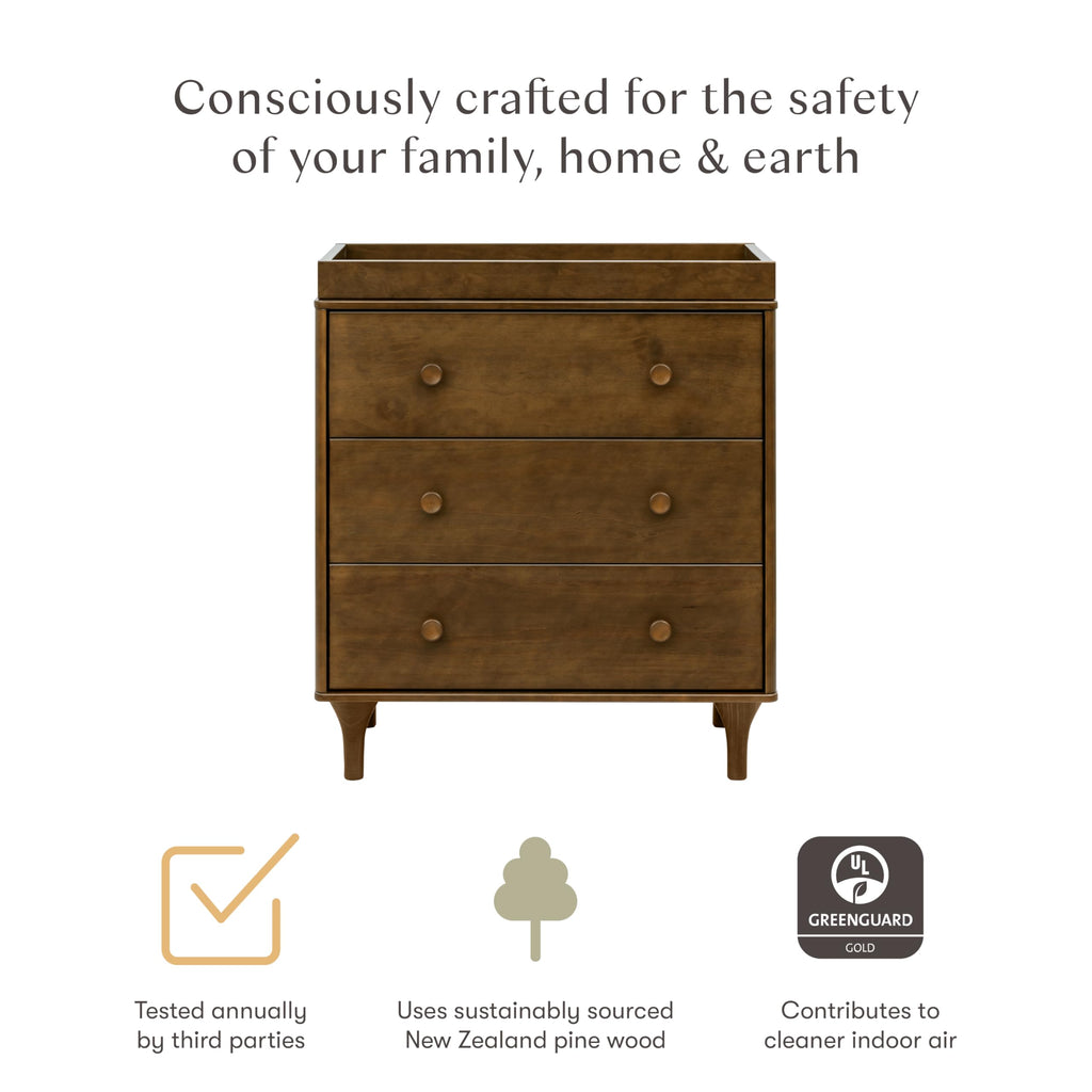Babyletto Lolly 3-Drawer Changer Dresser with Removable Changing Tray in Natural Walnut, Greenguard Gold Certified