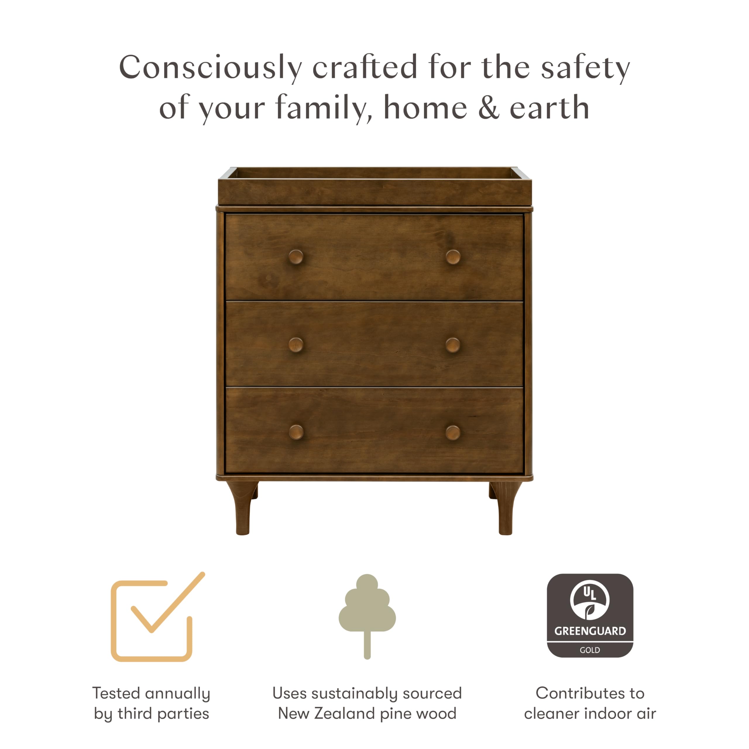 Babyletto Lolly 3-Drawer Changer Dresser with Removable Changing Tray in Natural Walnut, Greenguard Gold Certified