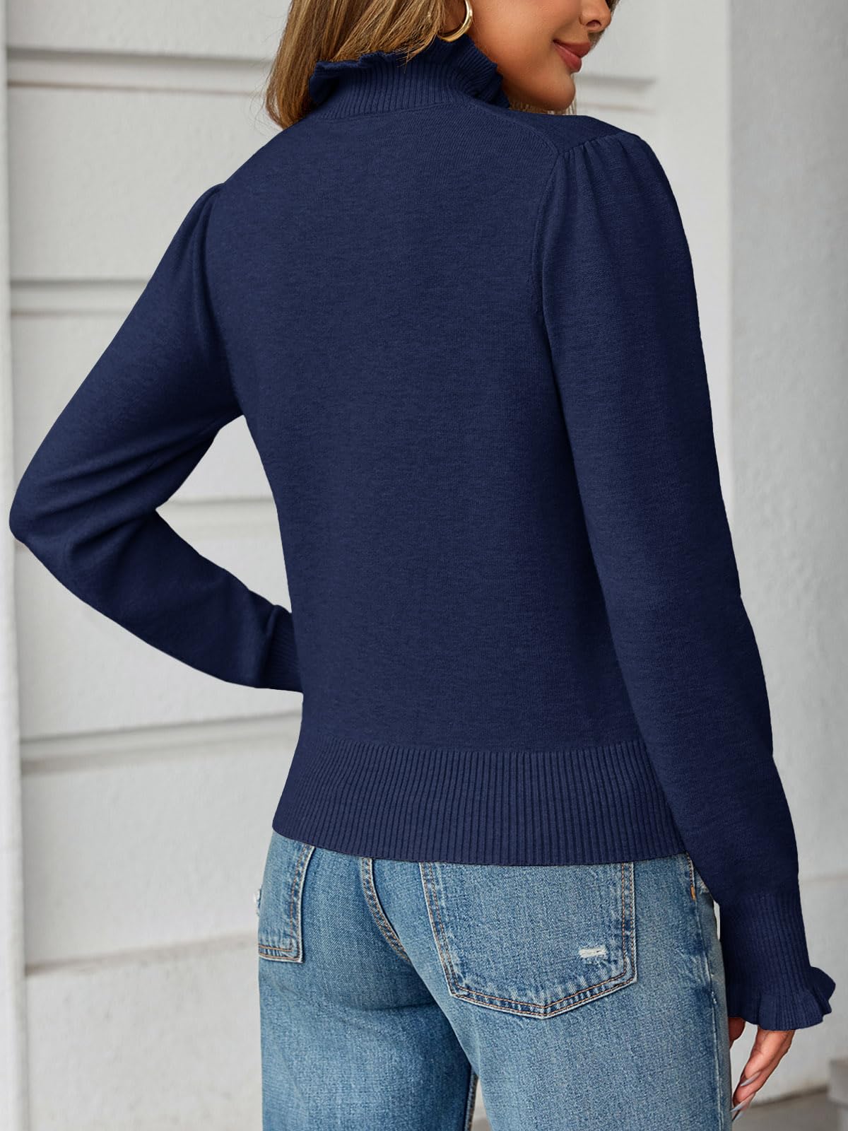 Saodimallsu Womens Ruffle Mock Neck Sweater Puff Long Sleeve Fall Soft Knit Casual Pullover Sweaters Top