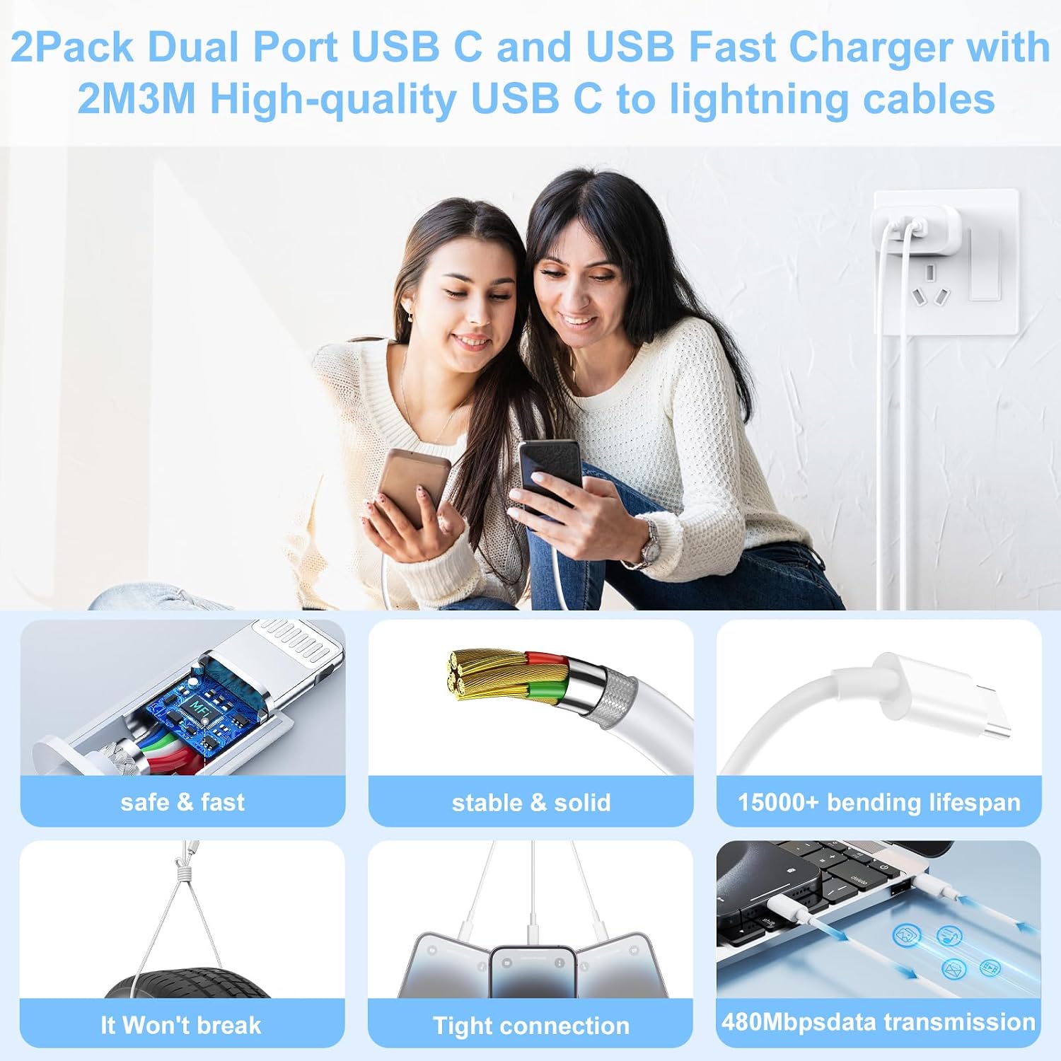 iPad Charger 2 Pack 20W Dual Port QC + PD 3.0 Power Adapter Fast Wall Charger Block with 6FT&10FT Lightning Cord Cable for iPad 9/8/ 7 Generation, iPad Air, iPad mini, iPad Pro, iPhone
