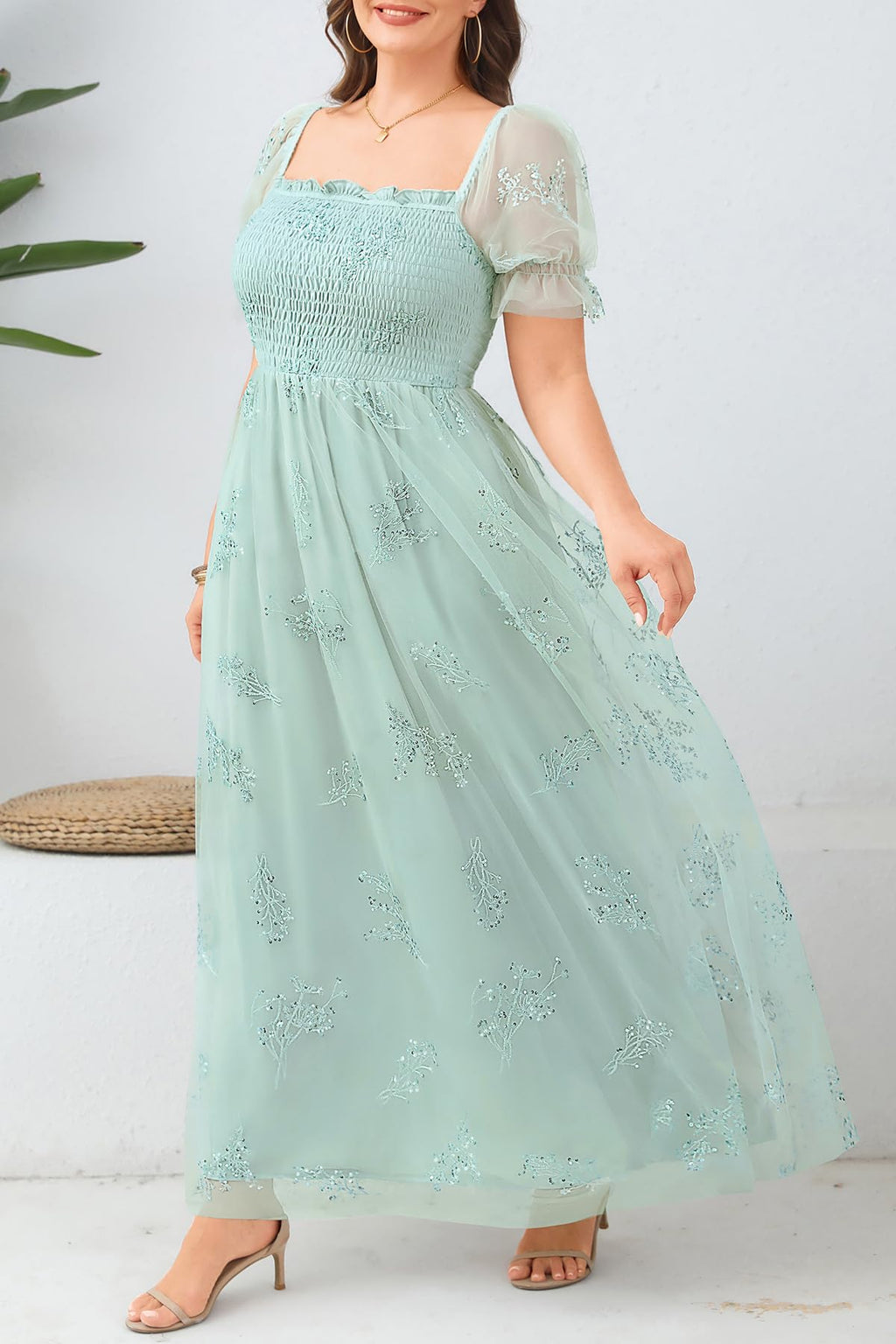 Plus Size Formal Dresses - Bridesmaid Leaf Embroidery with Sequin Tulle Prom Long Dress