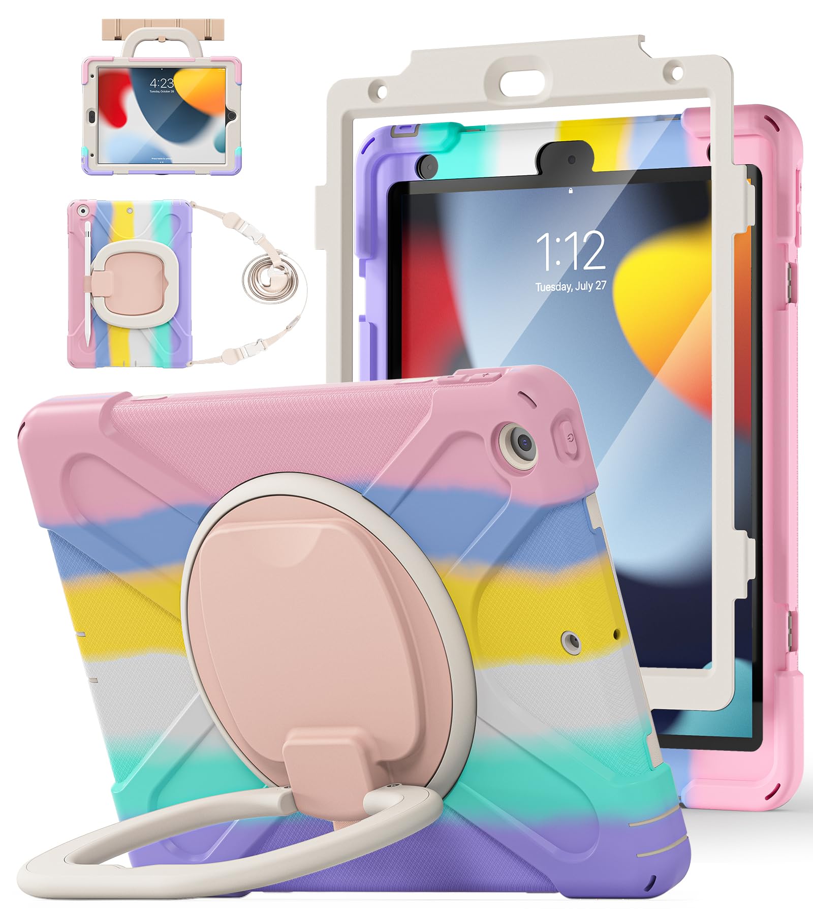 BATYUE for iPad 9th/ 8th/ 7th Generation Case (iPad 10.2 inch Rugged Case 2021/2020/2019) with Screen Protector, Rotating Stand/Pencil Holder/Carrying Shoulder Strap (Colourful Pink)