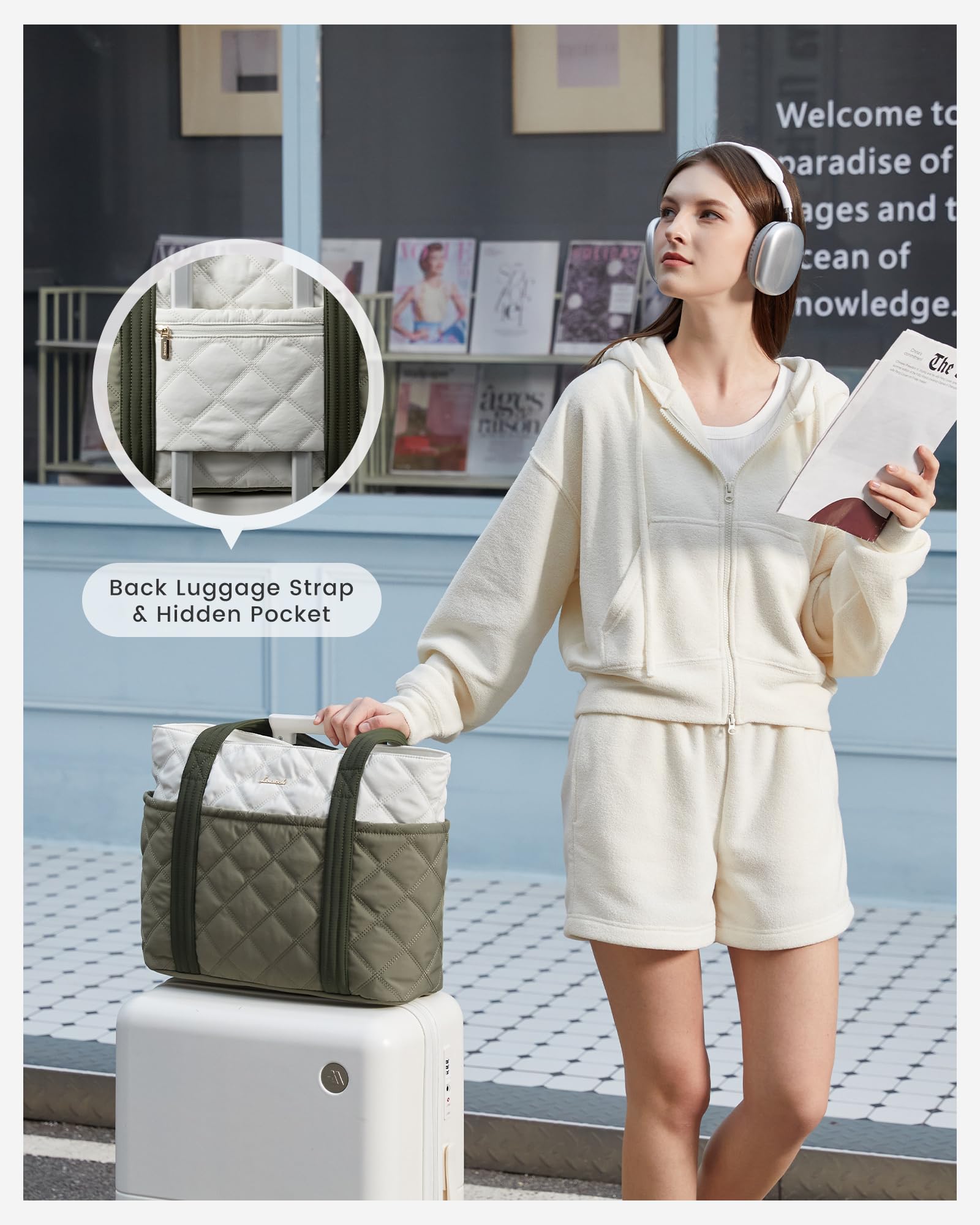 LOVEVOOK Puffer Tote Bag for Women, Puffy Work Handbag with Cup Holder, Travel Carry On Bag with Zipper for Teacher Nurse Gym