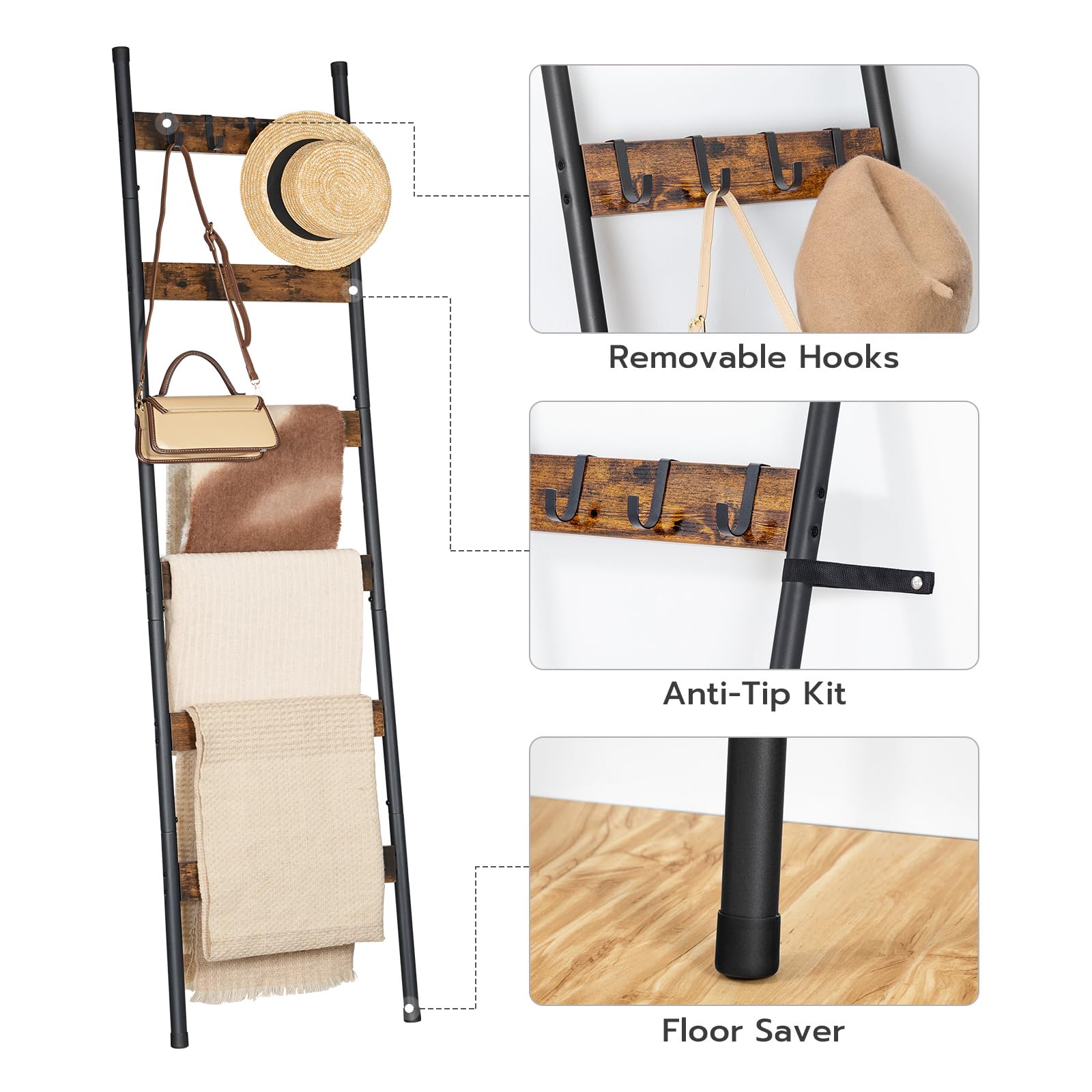 HOOBRO Blanket Ladder, 5-Tier Towel Rack with Hooks, Wall-Leaning Blanket Rack, Decorative Display Ladder Shelf, Scarves, Industrial, Living Room, Bedroom, Black BB52CJ01