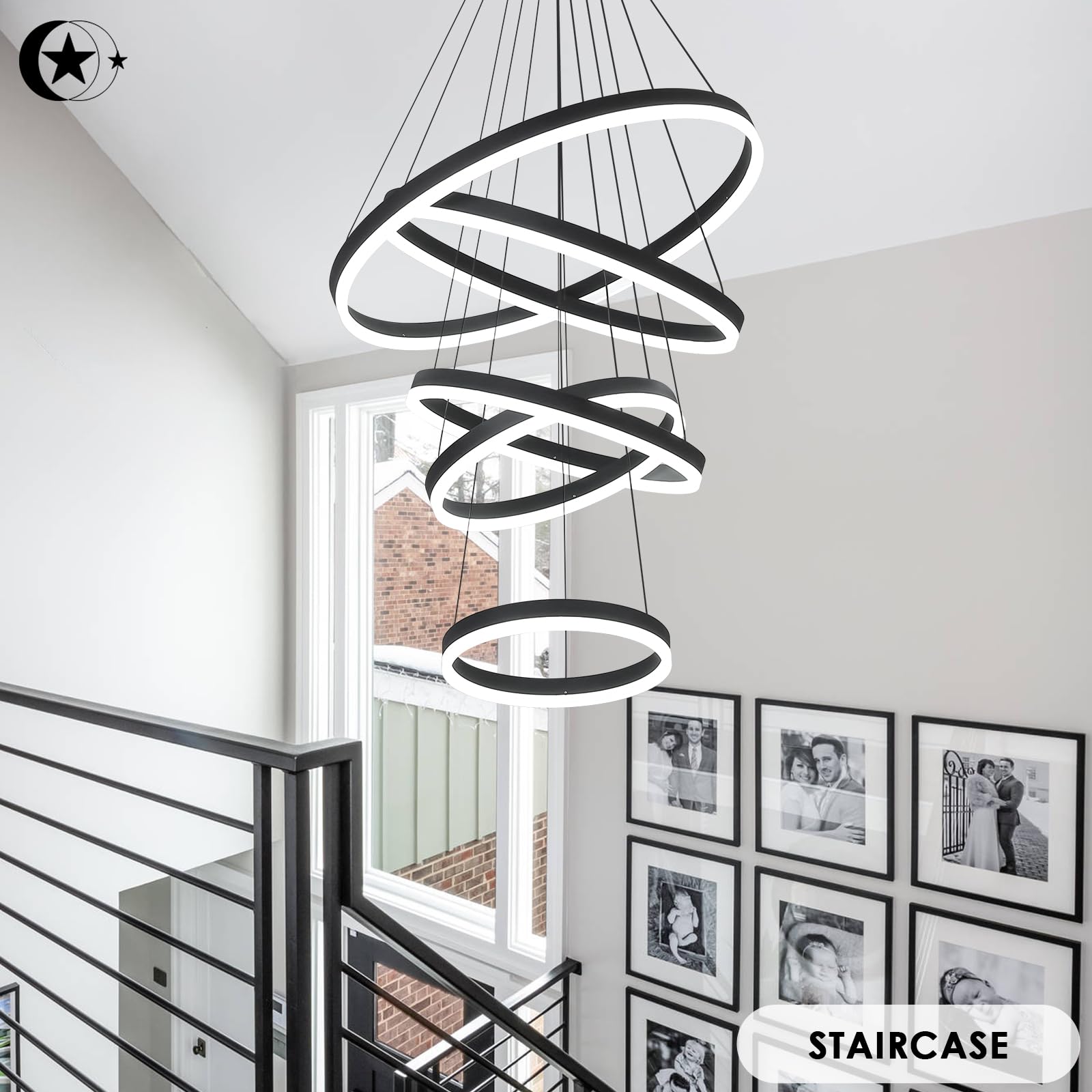 5-Rings Modern LED Chandelier Black Dimmable High Ceiling Chandelier for Dining Room with Remote Control for Foyer Living Room Entryway Staircase(D23.6’’, 3000K-6500K)