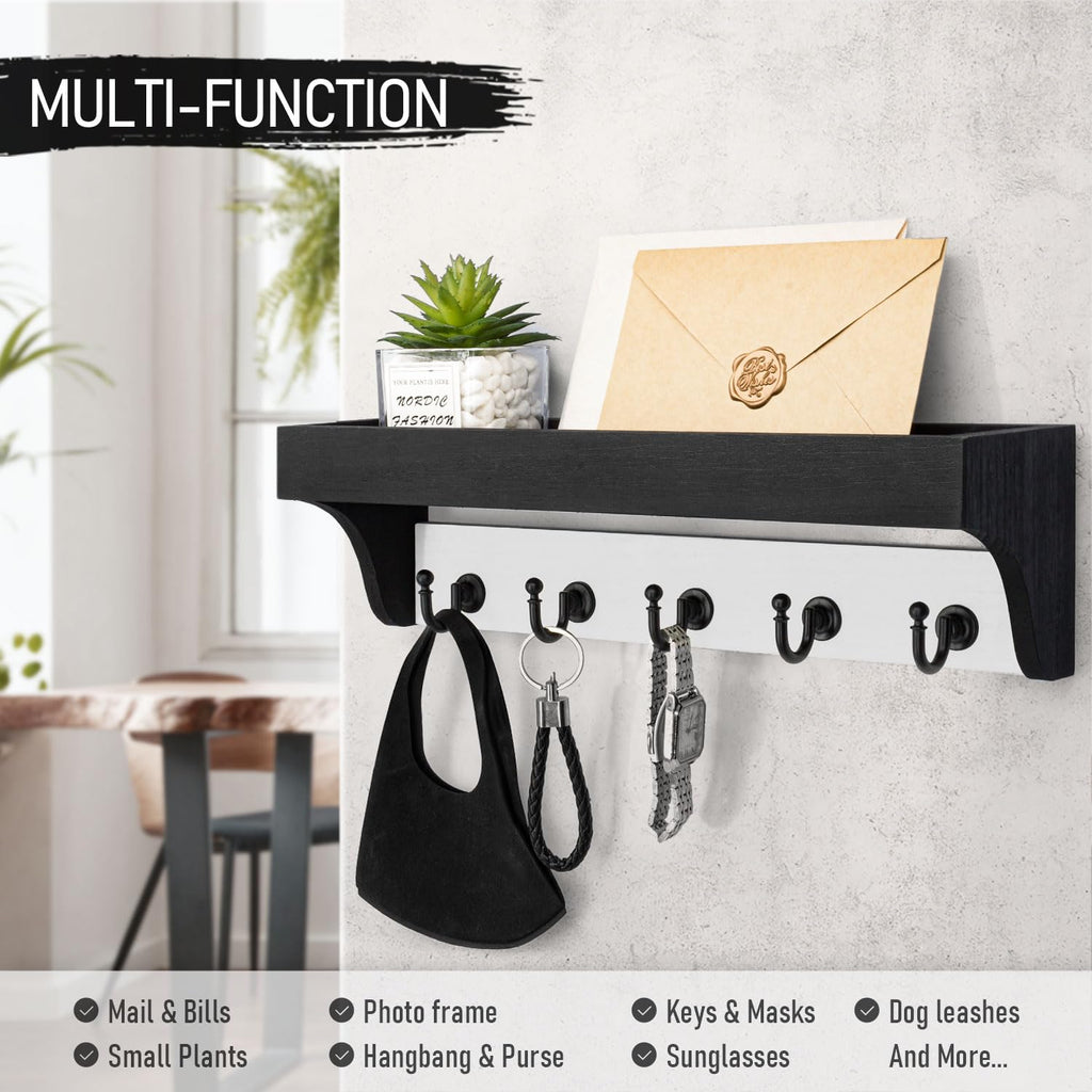 Rebee Vision Acacia Wood Farmhouse Key Holder Wall Mount for Room Decor – Retro Key Holder for Wall with Shelf for Cute Things– Stylish Home Storage for Apartment Essentials (Acacia Wood)