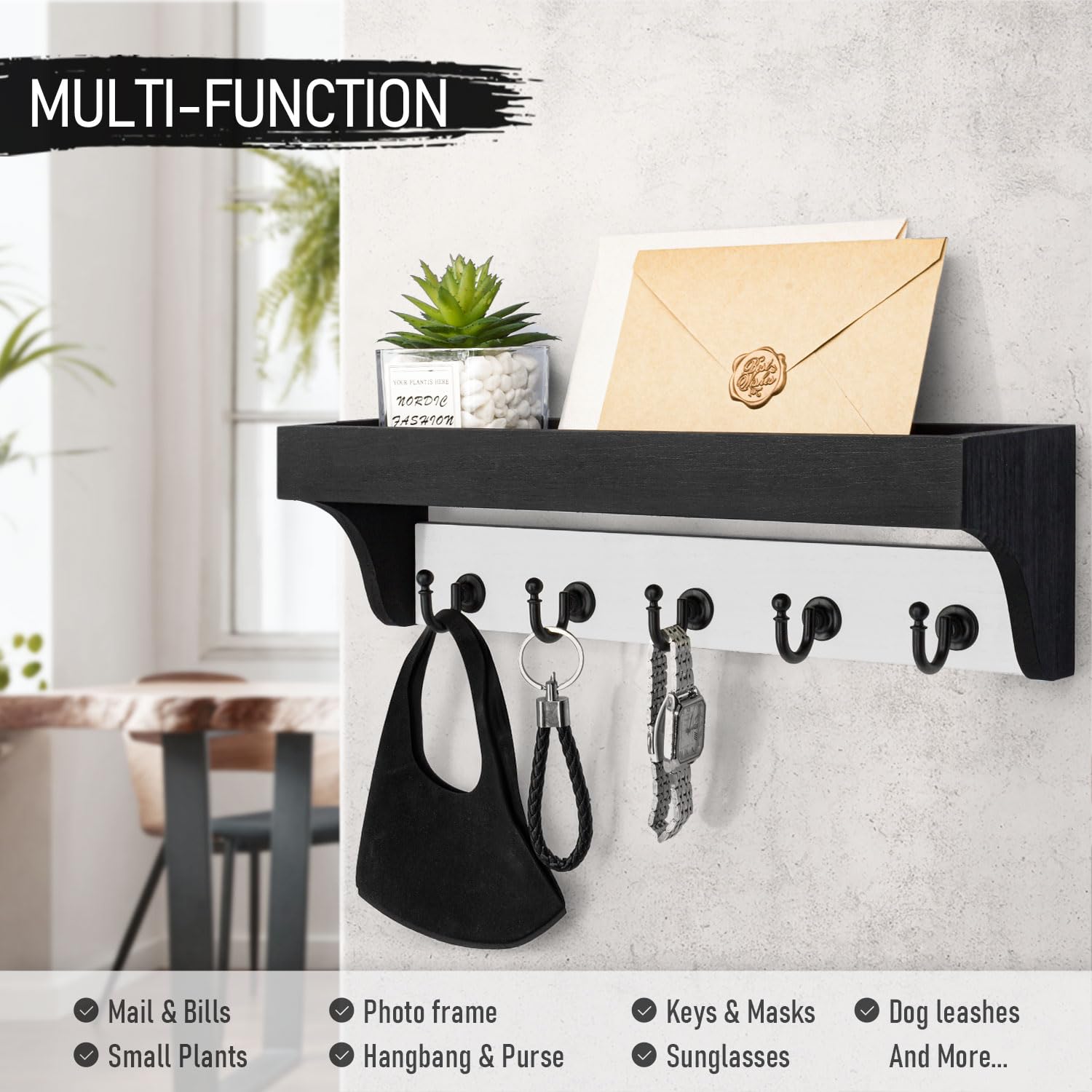 Rebee Vision Acacia Wood Farmhouse Key Holder Wall Mount for Room Decor – Retro Key Holder for Wall with Shelf for Cute Things– Stylish Home Storage for Apartment Essentials (Acacia Wood)