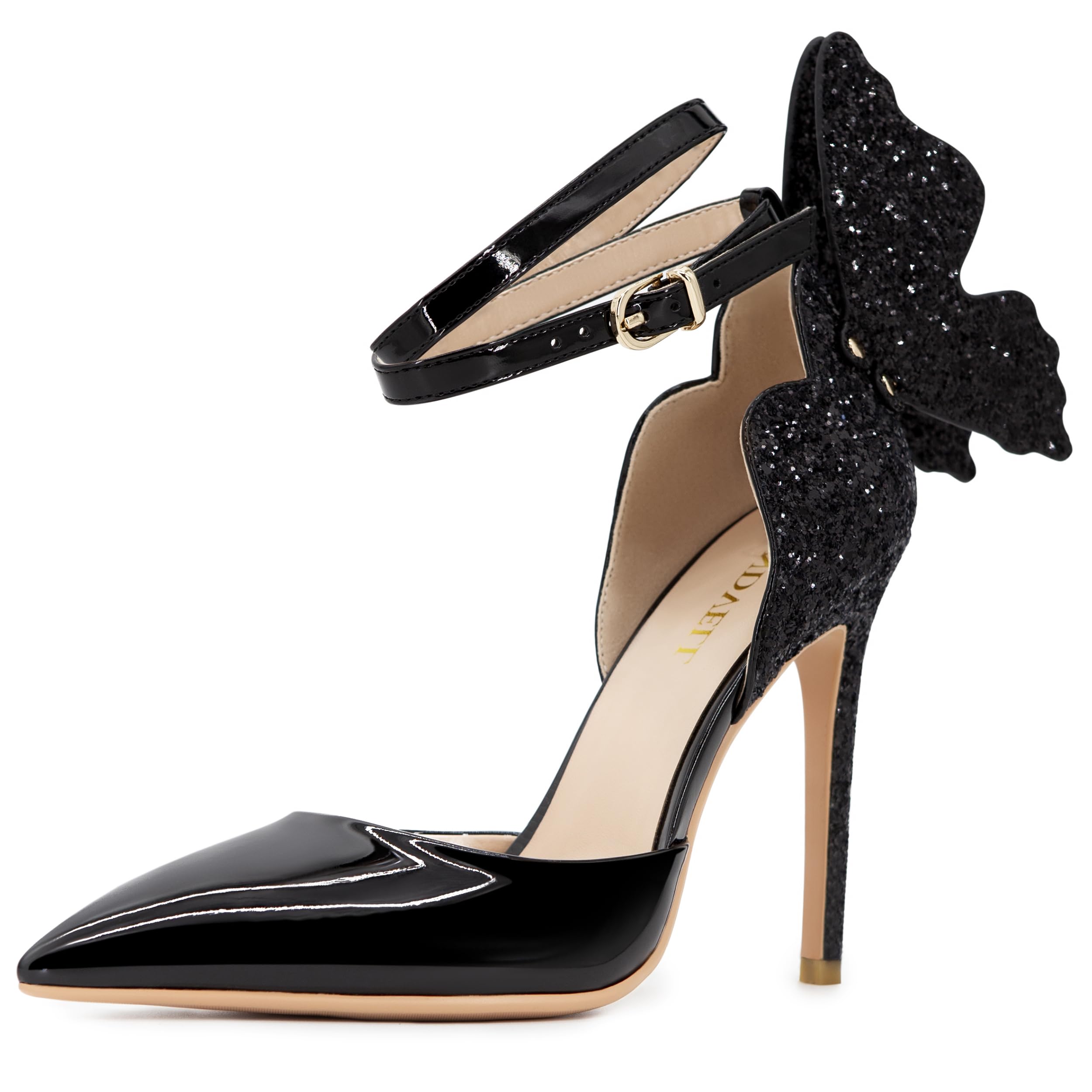 FINDVELL Gold High Heels Butterfly Back Sexy Stiletto Pumps Closed Toe Sparkly Ankle Strap Heels Sandals Dress Shoes for Women