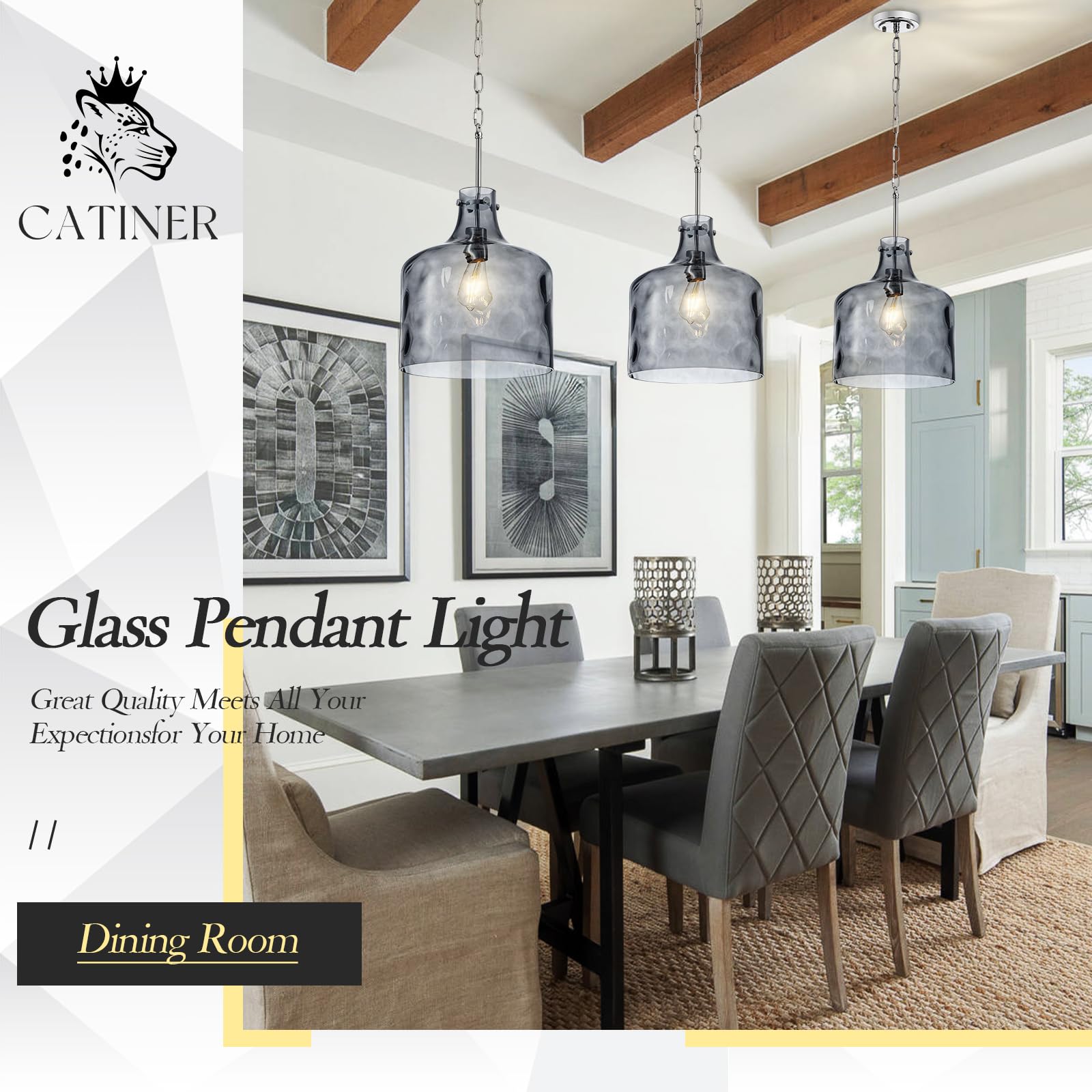 Glass Large Pendant Lights for Kitchen Island Blown Glass Pendant Light Clear Hammered Shade Hanging Ceiling Lights with Black Finish for for Kitchen Island, Sink, Hallway, Living Room 11 inch