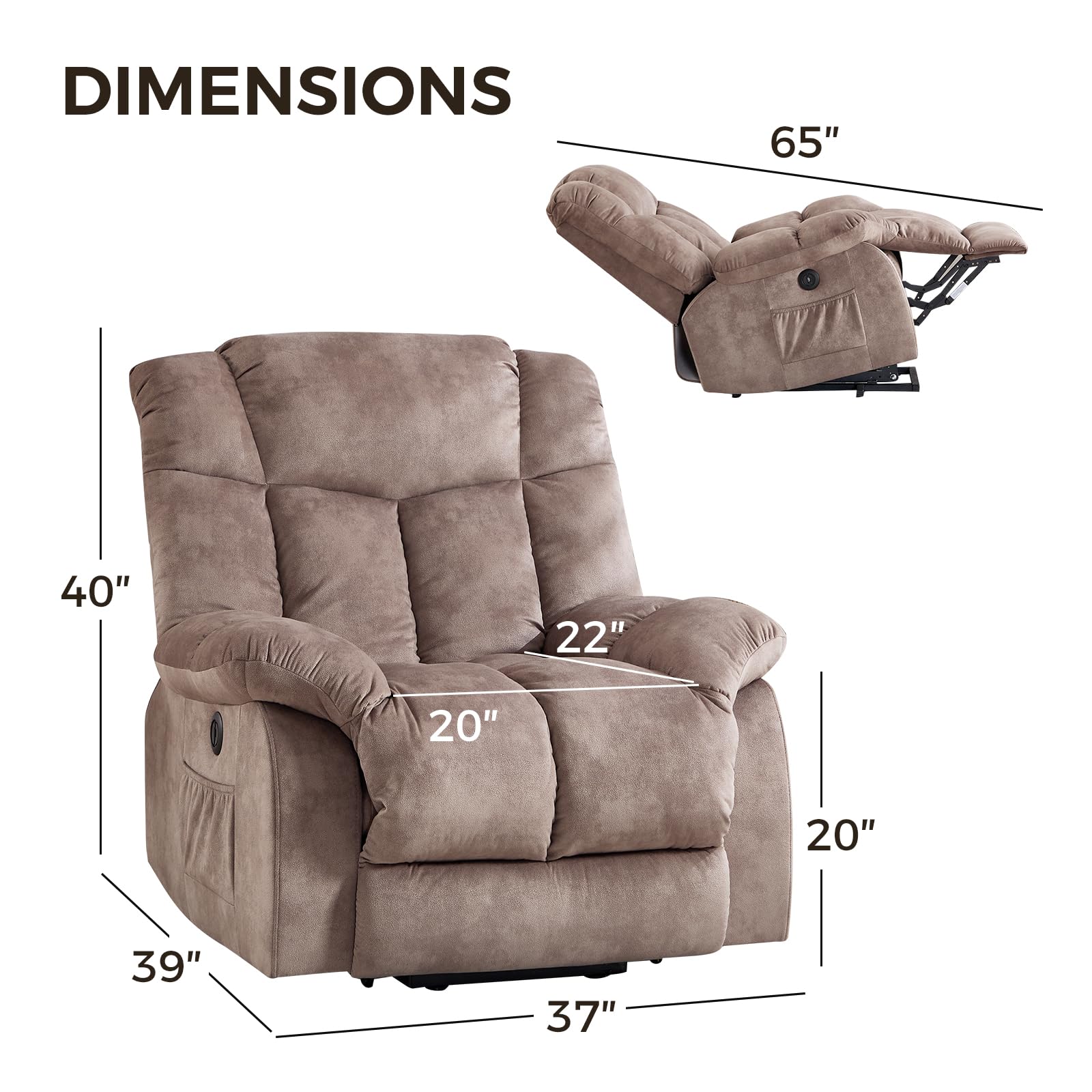 CANMOV Dual Motor Power Lift Recliner Chair for Elderly, 27" Extra-Wide Seat 450 lbs Weight Capacity Infinite Position Adjustment, with Heated Massage, Cup Holders and USB Port, Camel Fabric