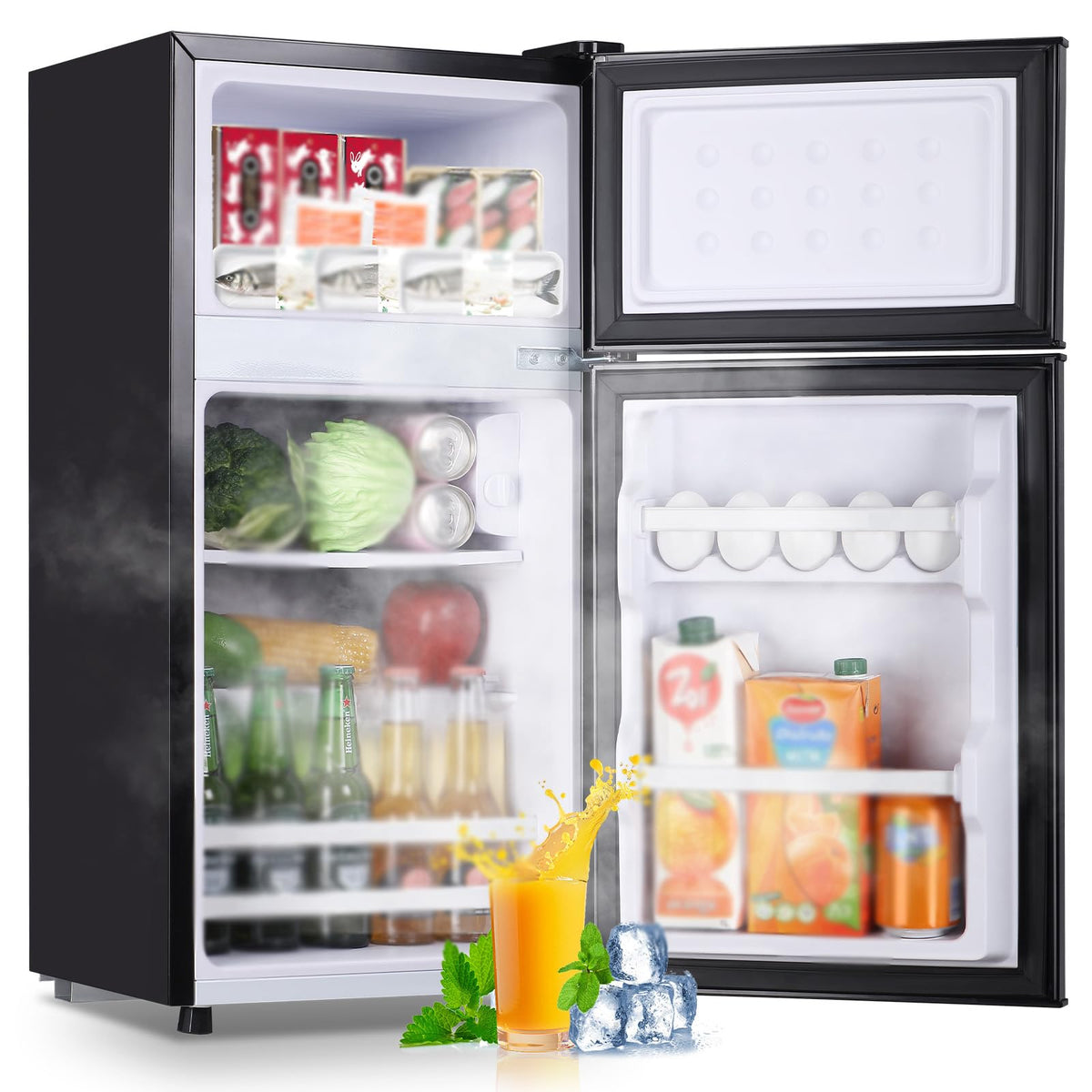 DEMULLER Mini Fridge with Double Doors Small Refrigerator with Separate Freezer & 7 Adjustable Temperature Control, Tiny Size & Personal Fridge Ideal for Office Apartment Dorm Black