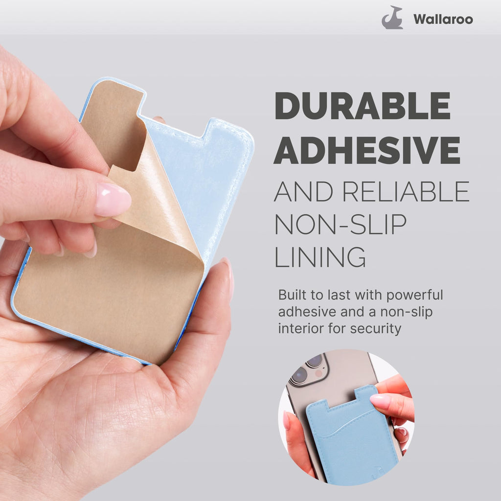 Wallaroo Premium Leather Cell Phone Wallet Stick On - Android and iPhone Wallet and Card Holder for Women and Men - Durable with Non-Slip Lining Secures Up to 3 Cards