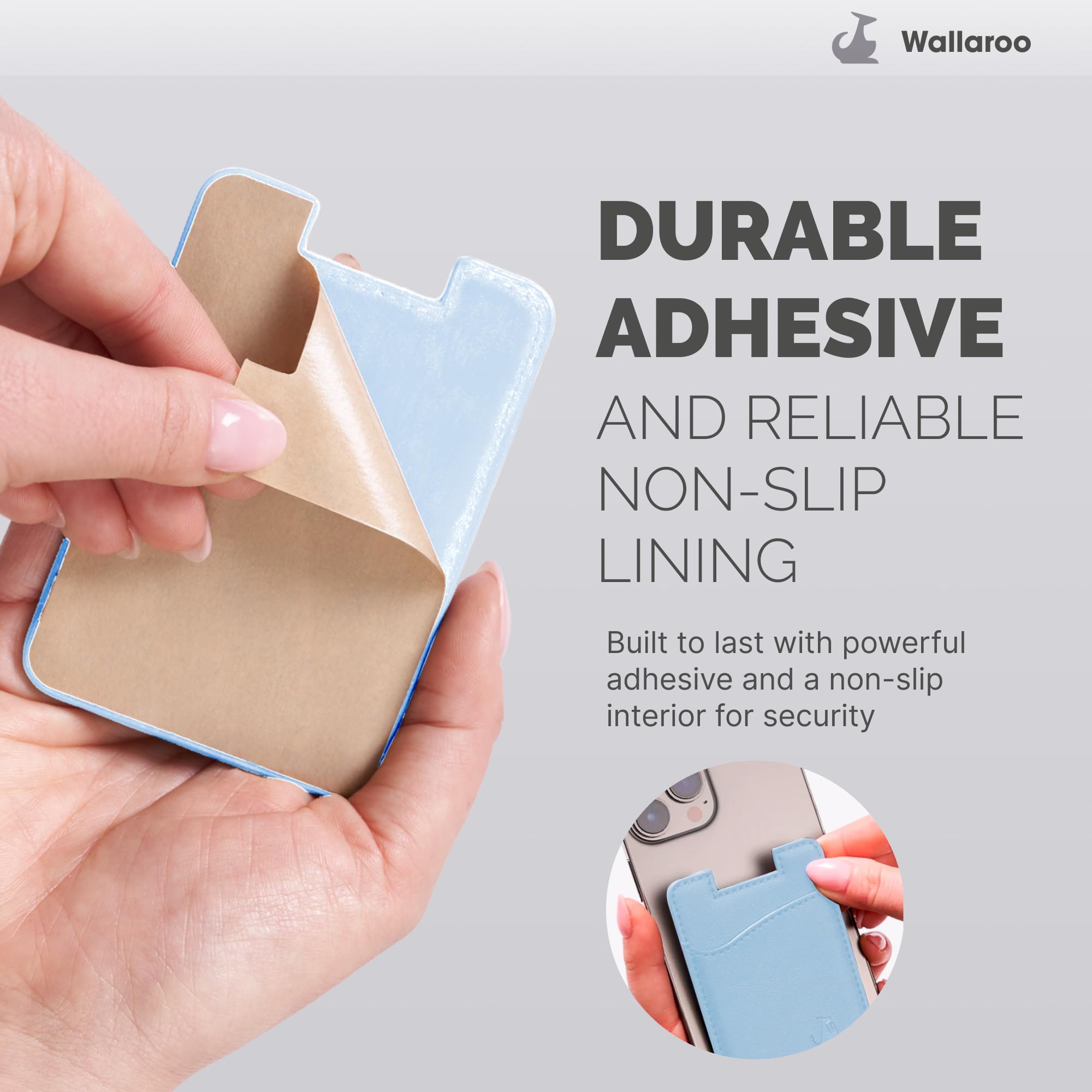 Wallaroo Premium Leather Cell Phone Wallet Stick On - Android and iPhone Wallet and Card Holder for Women and Men - Durable with Non-Slip Lining Secures Up to 3 Cards