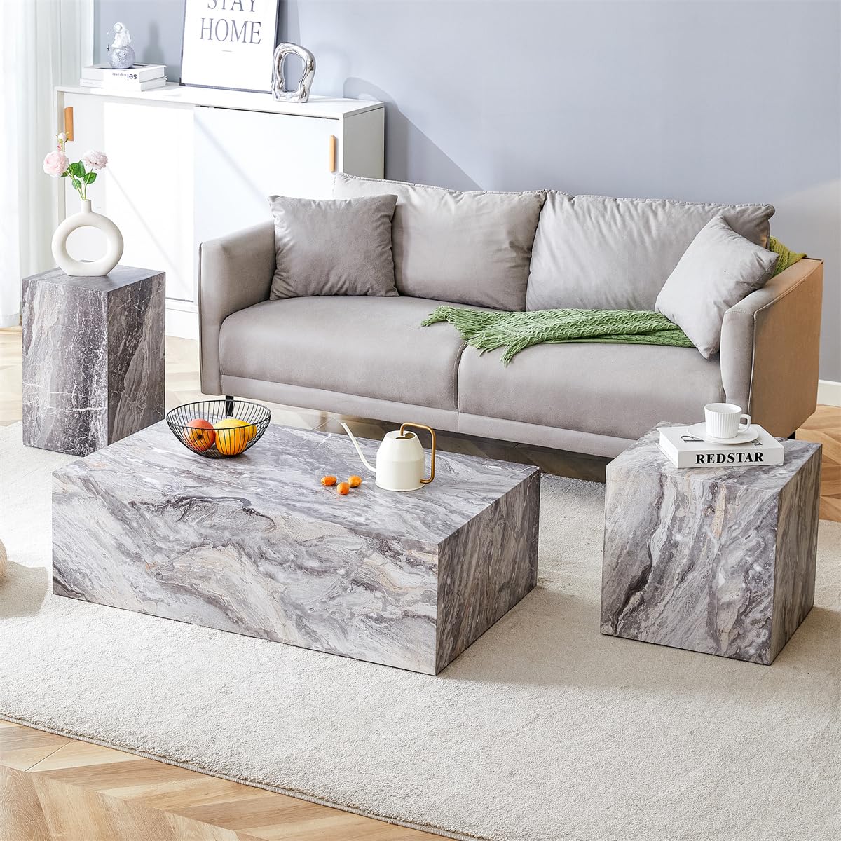 Round Coffee Table, 23.6" Modern Grey Faux Marble Drum Coffee Table, Round Accent Center Table for Living Room Apartment Small Spaces, No Assembly Required