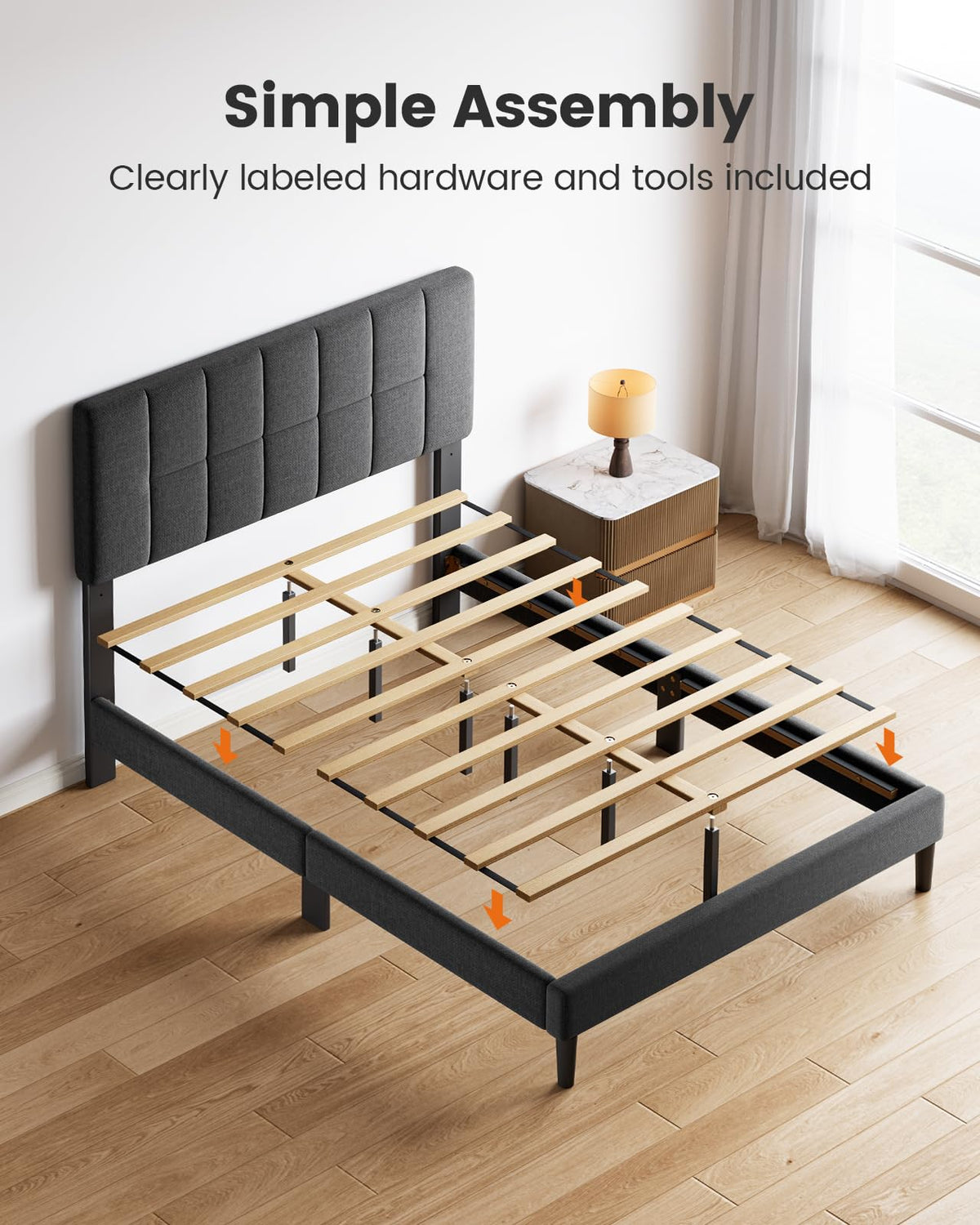 Pipishell Queen Bed Frame with 2 Storage Drawers, 12 Sturdy Legs, Solid Wooden Bed Base with Upholstered Headboard for 6″ to 12″ Mattresses, 1300 lbs High Weight Capacity, Easy Assembly, Dark Gray