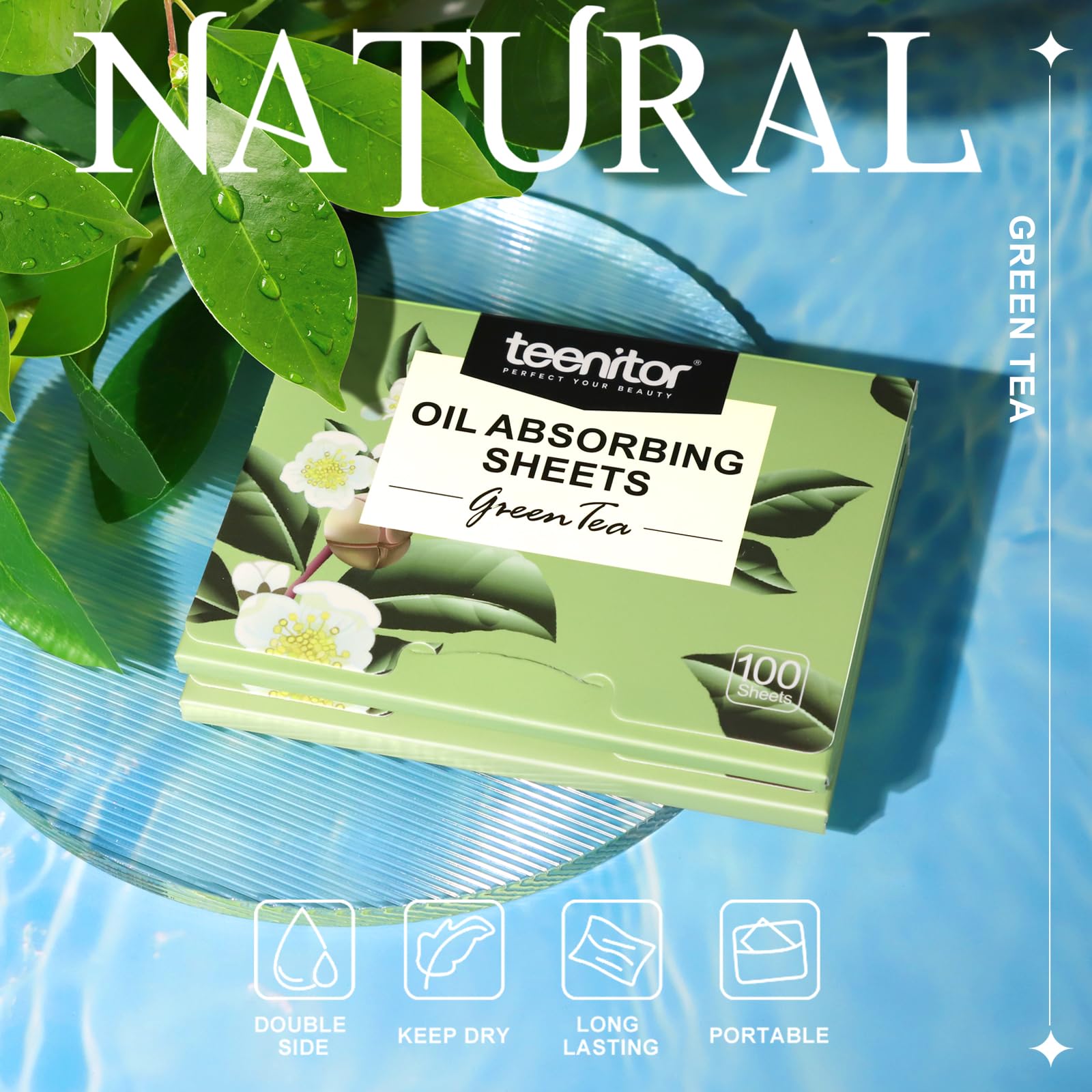 Teenitor Oil Blotting Sheets for Face, 100 Sheets Green Tea Oil Absorbing Tissues Paper, Large 10cmx7cm Oil Blotters