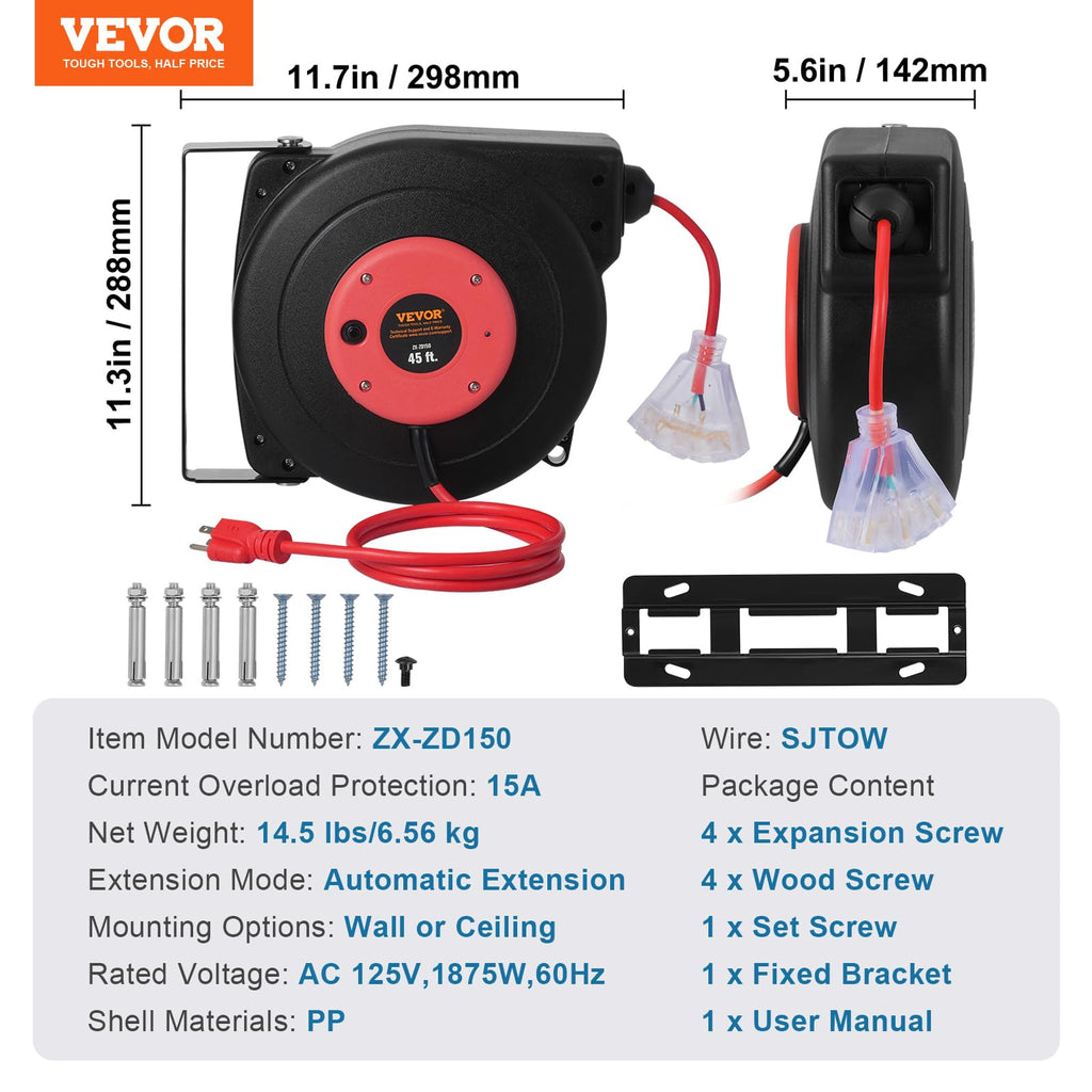 VEVOR Retractable Extension Cord Reel, 30 FT, Heavy Duty 16AWG/3C SJTOW Retractable Power Cord Reel with Lighted Triple Tap Outlet 10 Amp Circuit Breaker 4.5FT Lead-in Cord, for Ceiling or Wall Mount