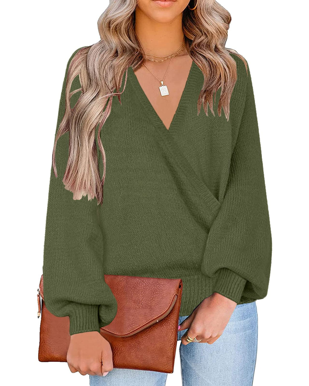 LookbookStore Women's Knit Long Sleeve Faux Wrap Surplice V Neck Sweater Top