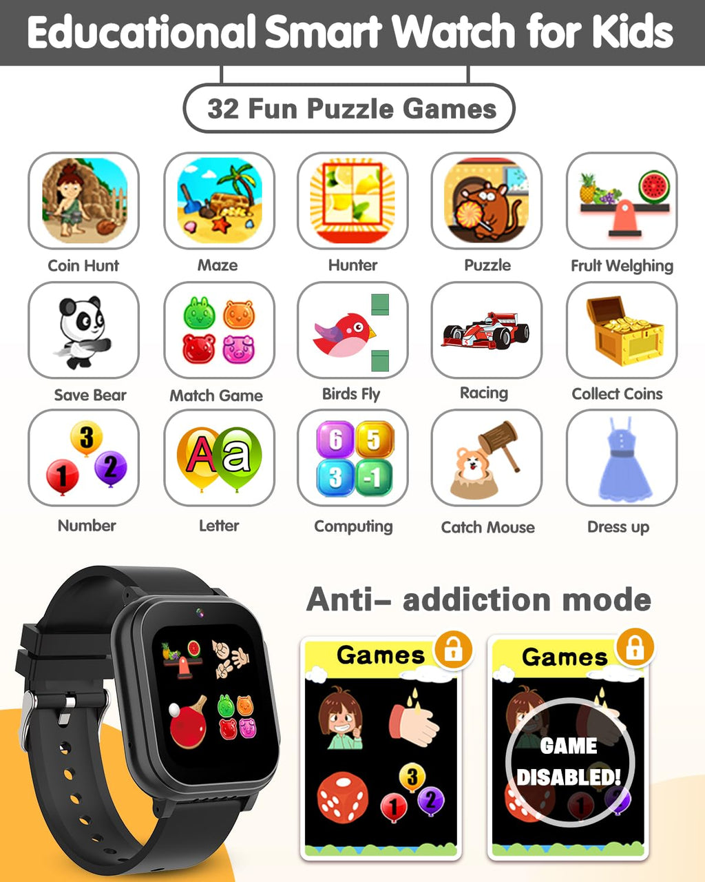 Kids Waterproof Smart Watch Boys Toys Age 5-12 with 32 Games, Dual Camera, Habit Tracking, Music Player, Video, Alarm Clock, HD Touchscreen Watch for Kids Birthday Gift for 3-12 Years Old Boys(Black)
