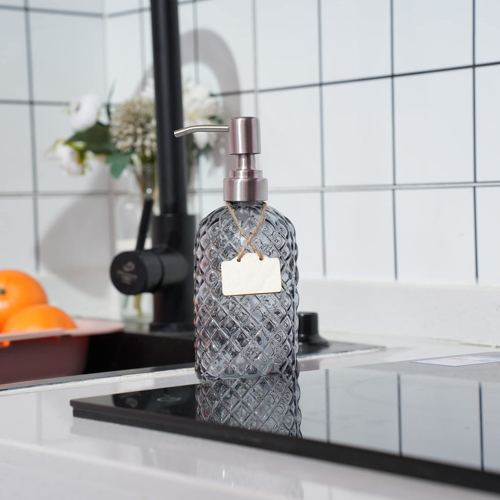 16 oz Diamond Pattern Glass Soap Dispenser, Kitchen and Bathroom Refillable Soap Dispenser with Rust Resistant Stainless Steel Pump for Hand Soap, Lotion Glass Liquid Dispenser(Amber)