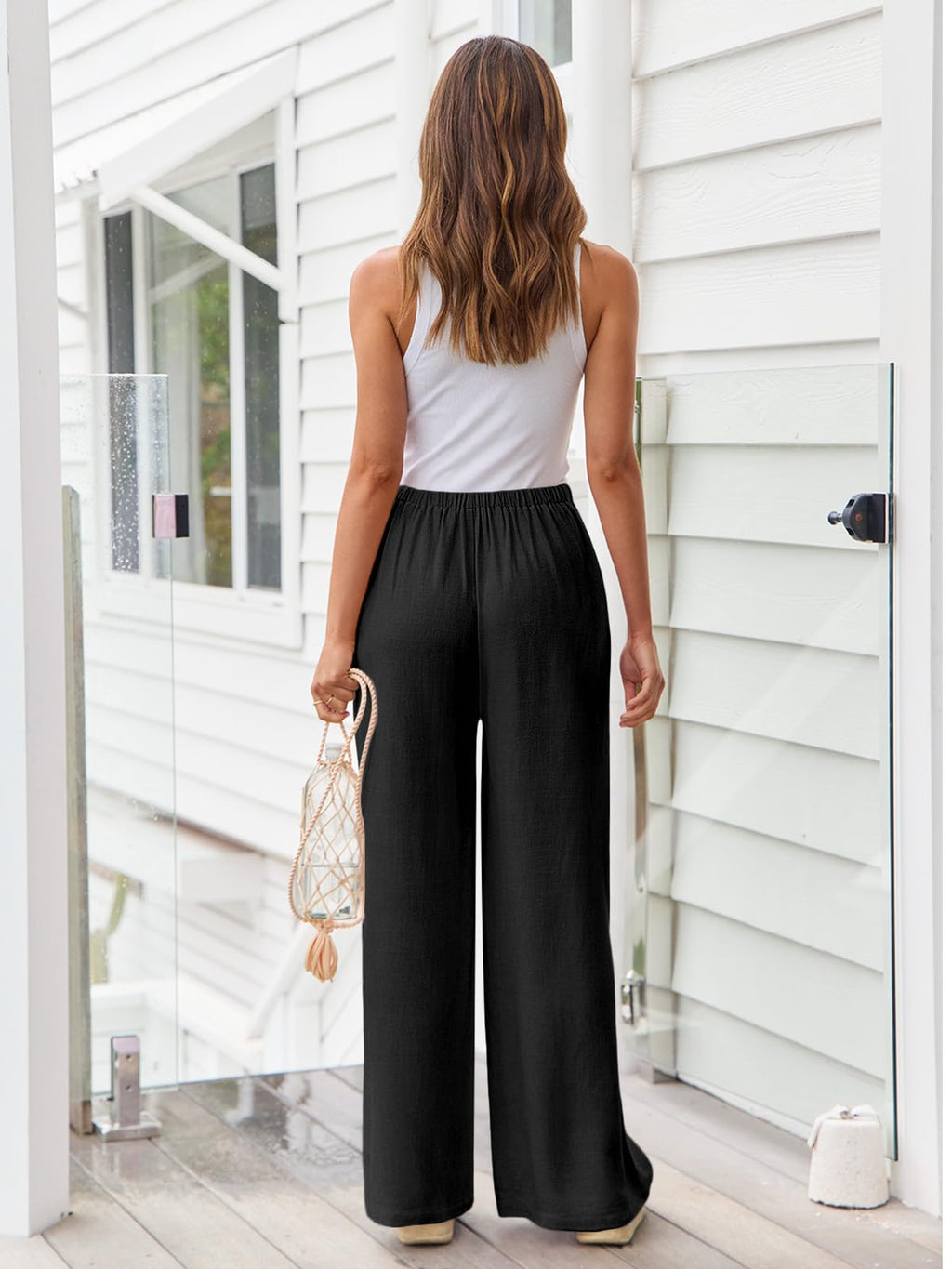 LILLUSORY Women's Linen Summer Palazzo Pants Flowy Wide Leg Beach Pants with Pockets