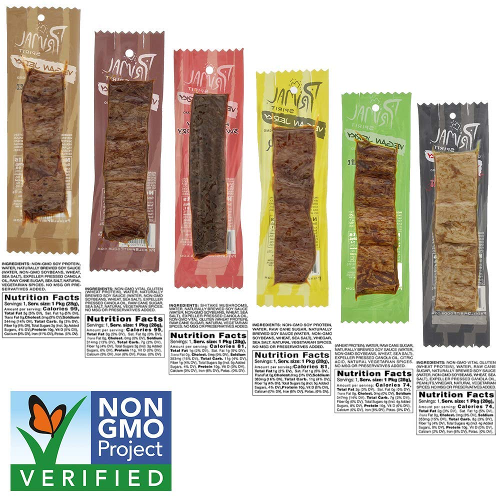 Primal Spirit Vegan Jerky - Our Sampler Pack, 10g. Plant Based Protein, Certified Non-GMO ("The Classics" Thai Peanut, Mesquite Lime, Teriyaki, Hot & Spicy, Hickory Smoked, & Texas BBQ, 12-Pack, 1 oz)