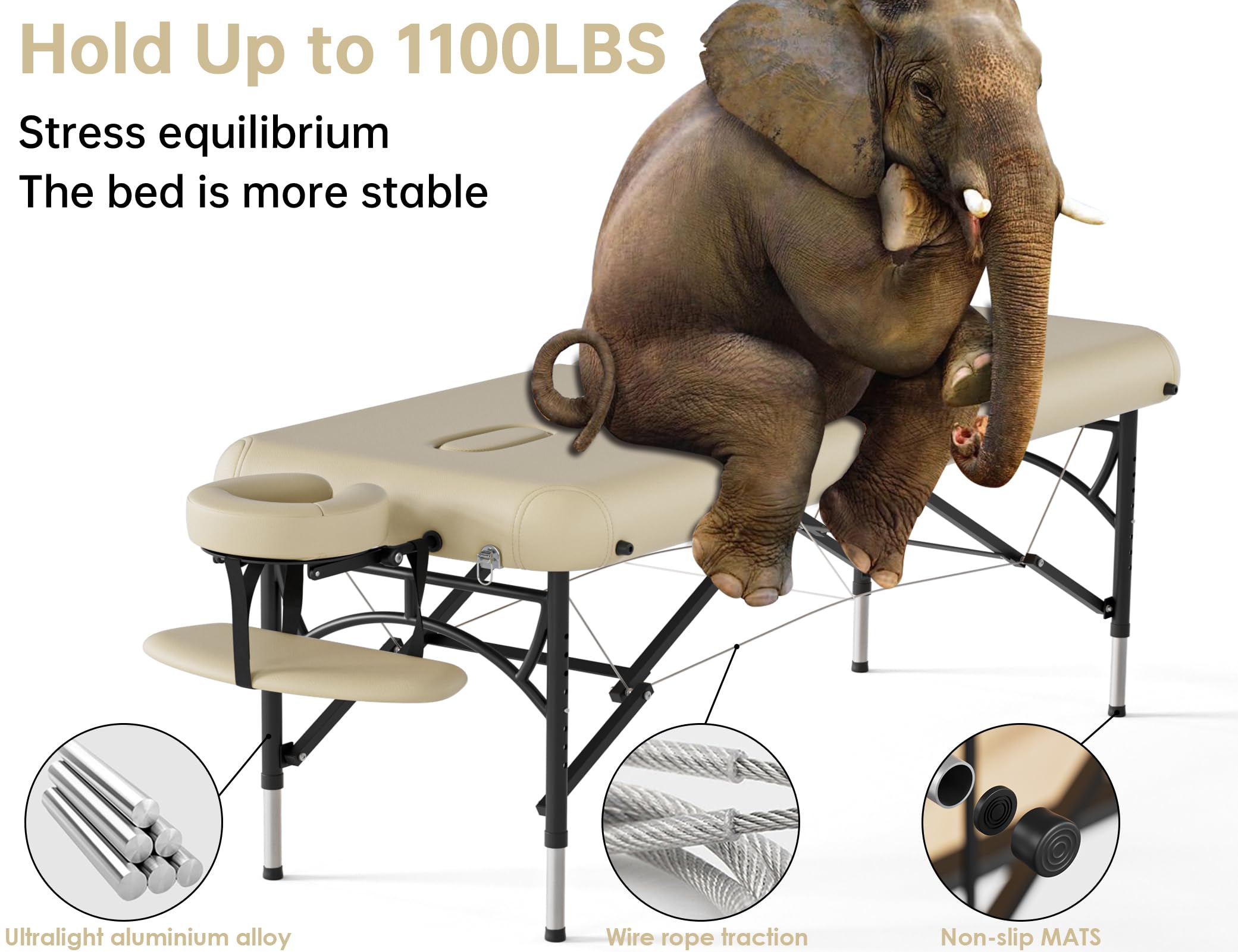 CLORIS 84" Professional Massage Table Portable Reinforced Wooden Leg 2 Folding Lightweight Spa Salon Tattoo Massage Bed Height Adjustable Hold Up to 1100LBS with Carrying Bag Black