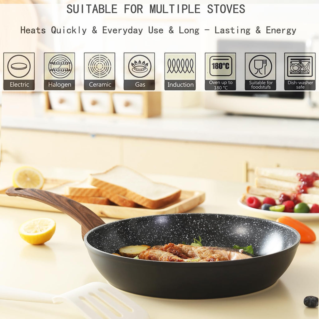 Vkoocy Pots and Pans Set Non Stick, Ceramic Cookware Set with Granite Pattern Kitchen Cooking Sets Induction Pot and Pan w/Frying Pans, Saucepans, Casserole, Non-Toxic, PTFE/PFOA/PFOS-Free, Black