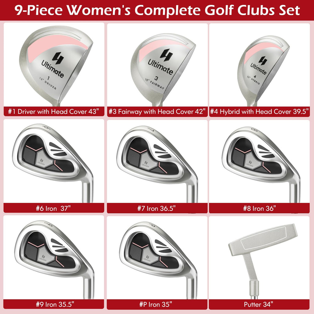 Tangkula 9/10/12 Pieces Women's Complete Golf Clubs Set, Golf Club Package Set with 460CC Driver, Fairway Wood & Hybrid, Irons, Putter, Portable Regular Golf Club Set