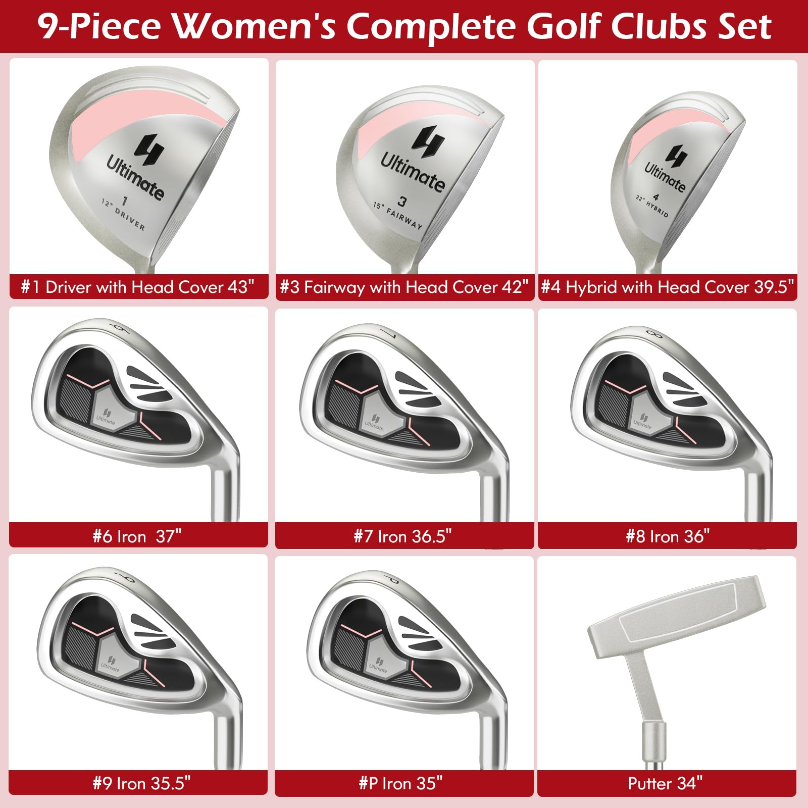 Tangkula 9/10/12 Pieces Women's Complete Golf Clubs Set, Golf Club Package Set with 460CC Driver, Fairway Wood & Hybrid, Irons, Putter, Portable Regular Golf Club Set