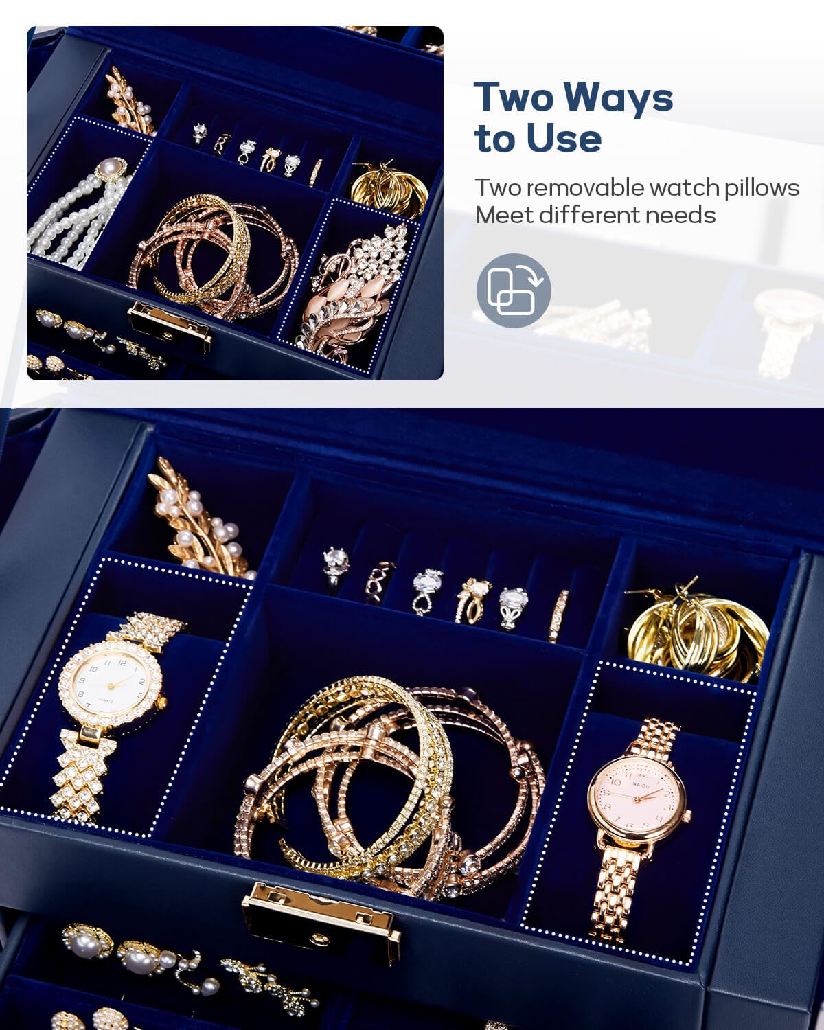 Homde Mothers Day Gifts Synthetic Leather Huge Jewelry Box Mirrored Watch Organizer Necklace Ring Earring Storage Lockable Gift Case (Black + Gold)