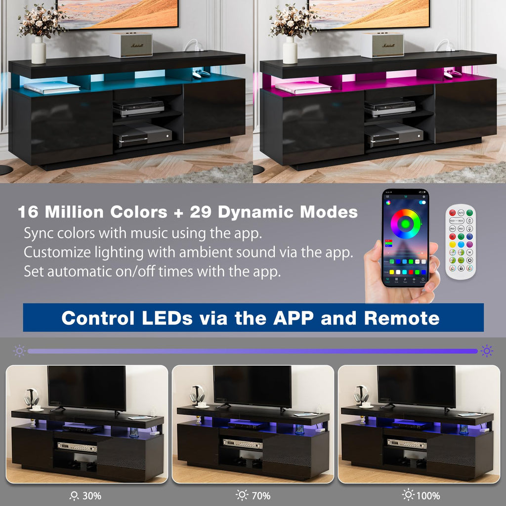 HOMMPA Modern LED TV Stand for 55 Inch TV, Black Tall TV Console with Power Outlet, Entertainment Center with Storage, High Gloss Gaming Media Console Cabinet for Living Room (47 Inch)
