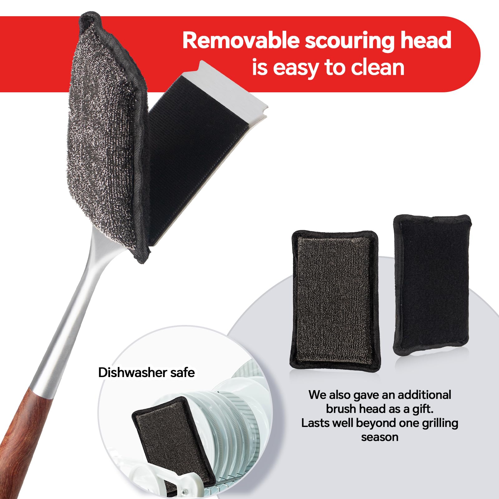 Bristle-Free Steam Cleaning Grill Brush — Features an Extended Luxurious Rosewood Handle and a Unique Wavy pad that Seamlessly fits cast Iron and Stainless Steel grates