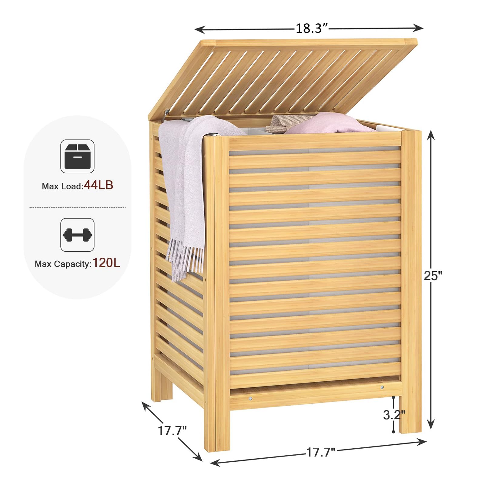 Homykic Bamboo Laundry Hamper with Lid, 120L Large Clothes Laundry Sorter with Removable 2-Section Liner Bag, Raised Laundry Basket Organizer for Clothing, Bathroom, Bedroom, Laundry Room, Black