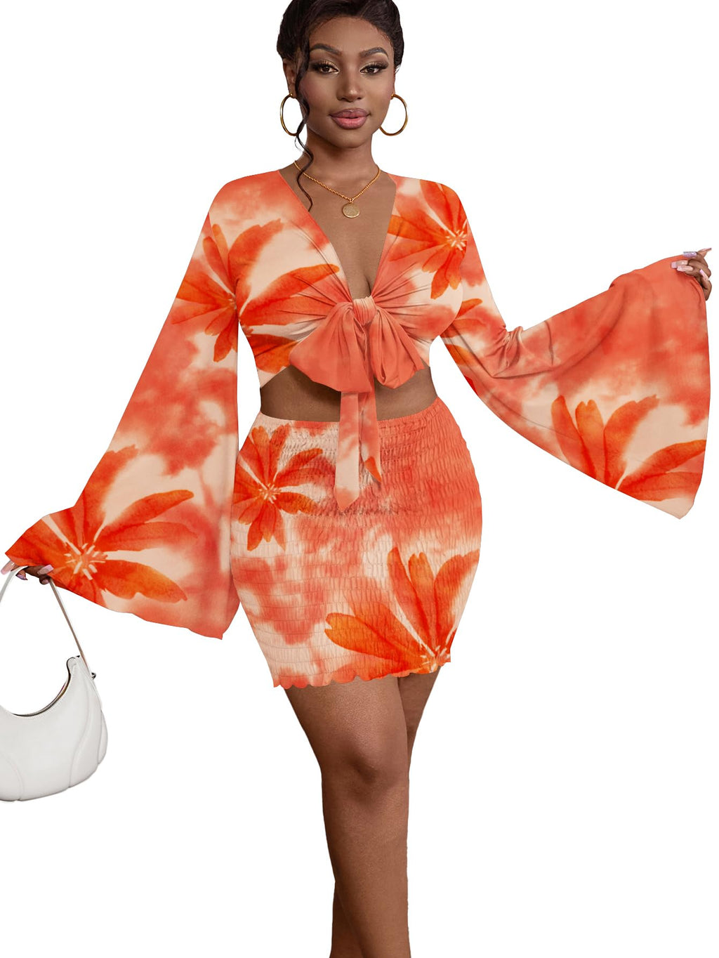 LYANER Women 2 Piece Vacation Outfits Tie Knot Front Bell Long Sleeve Crop Top and Mini Skirt Summer Set