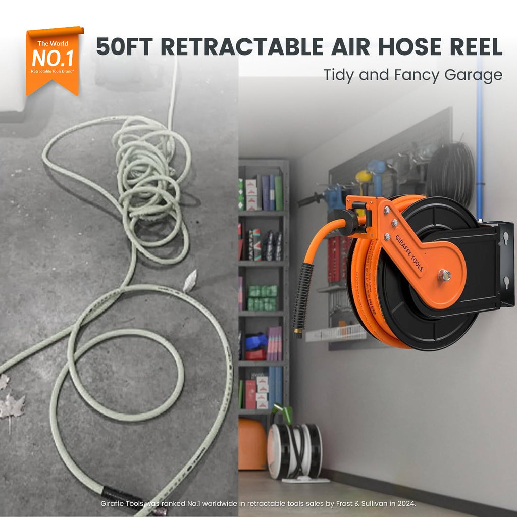 Giraffe Tools Retractable Air Hose Reel, 3/8" Hybrid Hose, Air Compressor Heavy Duty Steel Reel Auto Rewind 300PSI, Wall Mount, 25ft
