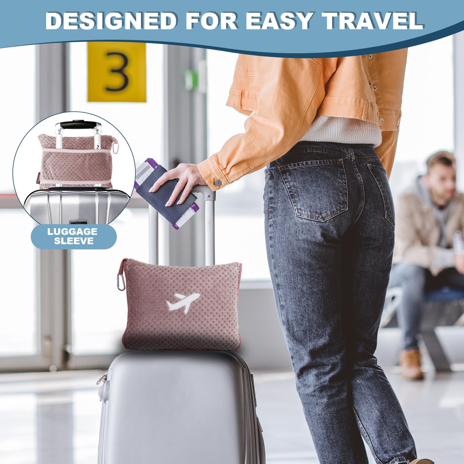 Travel Blanket Airplane Compact with Bag, Travel Essentials 3 in 1 Packable Airplane Blanket, Travel Pillow and Blanket Set, Inflatable Pillow, Luggage Sleeve & Backpack Clip (Camel)