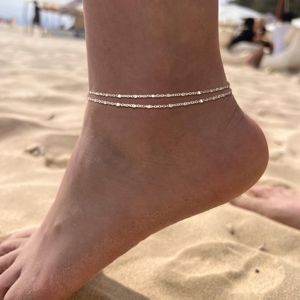 Freekiss Sterling Silver Ankle Bracelets for Women: Dainty Layered Waterproof Anklet for Women Adjustable Womens Anklet Set Stackable Figaro Beaded Cuban Link Anklets Beach Jewelry for Women