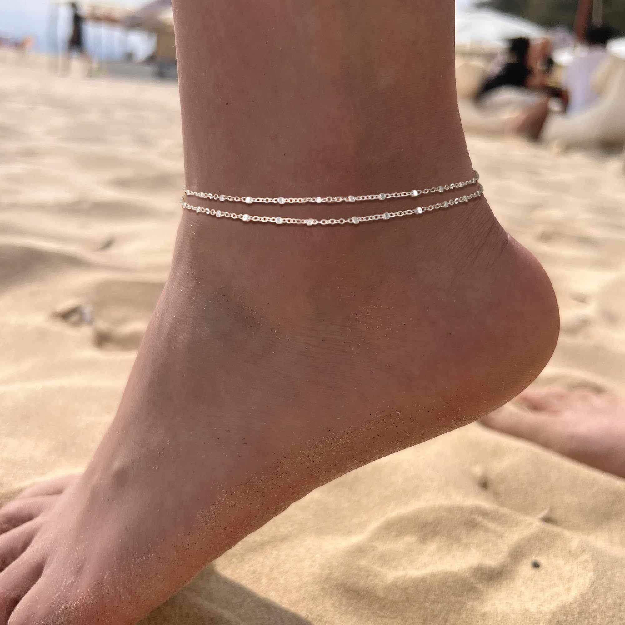 Freekiss Sterling Silver Ankle Bracelets for Women: Dainty Layered Waterproof Anklet for Women Adjustable Womens Anklet Set Stackable Figaro Beaded Cuban Link Anklets Beach Jewelry for Women
