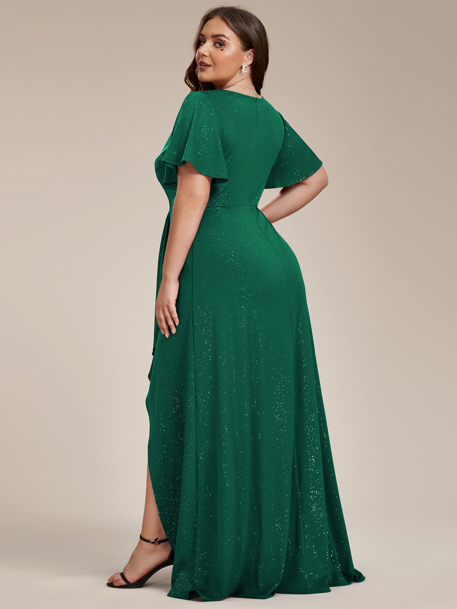 Ever-Pretty Glitter Formal Dresses for Cuvvy Women Plus Size A-line High Low Wedding Guest Gala Dress with Ruffles Sleeves