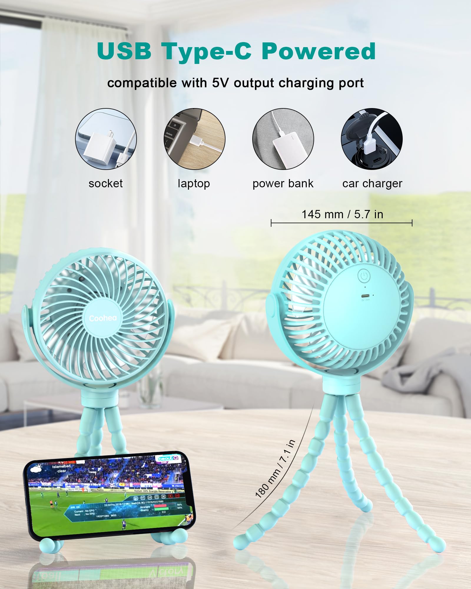 Coohea Stroller Fan Clip on for Baby, 4000mAh Rechargeable Battery Operated, Flexible Tripod, 3 Wind Speed, 360° Rotatable, Small Cooling Portable Fan for Car Seat Crib Golf Cart Bike Treadmill, Black