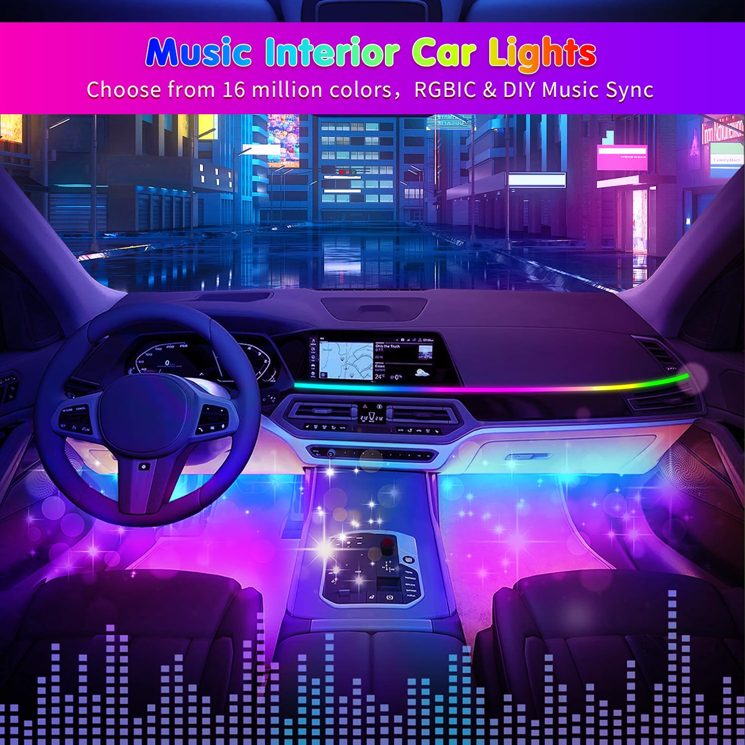 RGB Interior Car Strip Lights with Smart APP Control, Music Sync Under Dash Footwell Neon Internal Lighting Kit 2 Lines Design,12V LED Strip Lights for Cars, Trucks, SUVs with Car Charger(1 Set)
