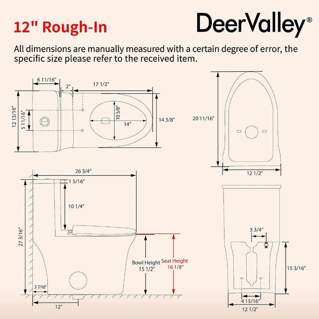 DeerValley Symmetry One Piece Toilet, Dual Flush 1.1/1.6 GPF Elongated Standard Toilet for Bathroom, Toilets with Comfortable Seat Height (Seat Included) (White)