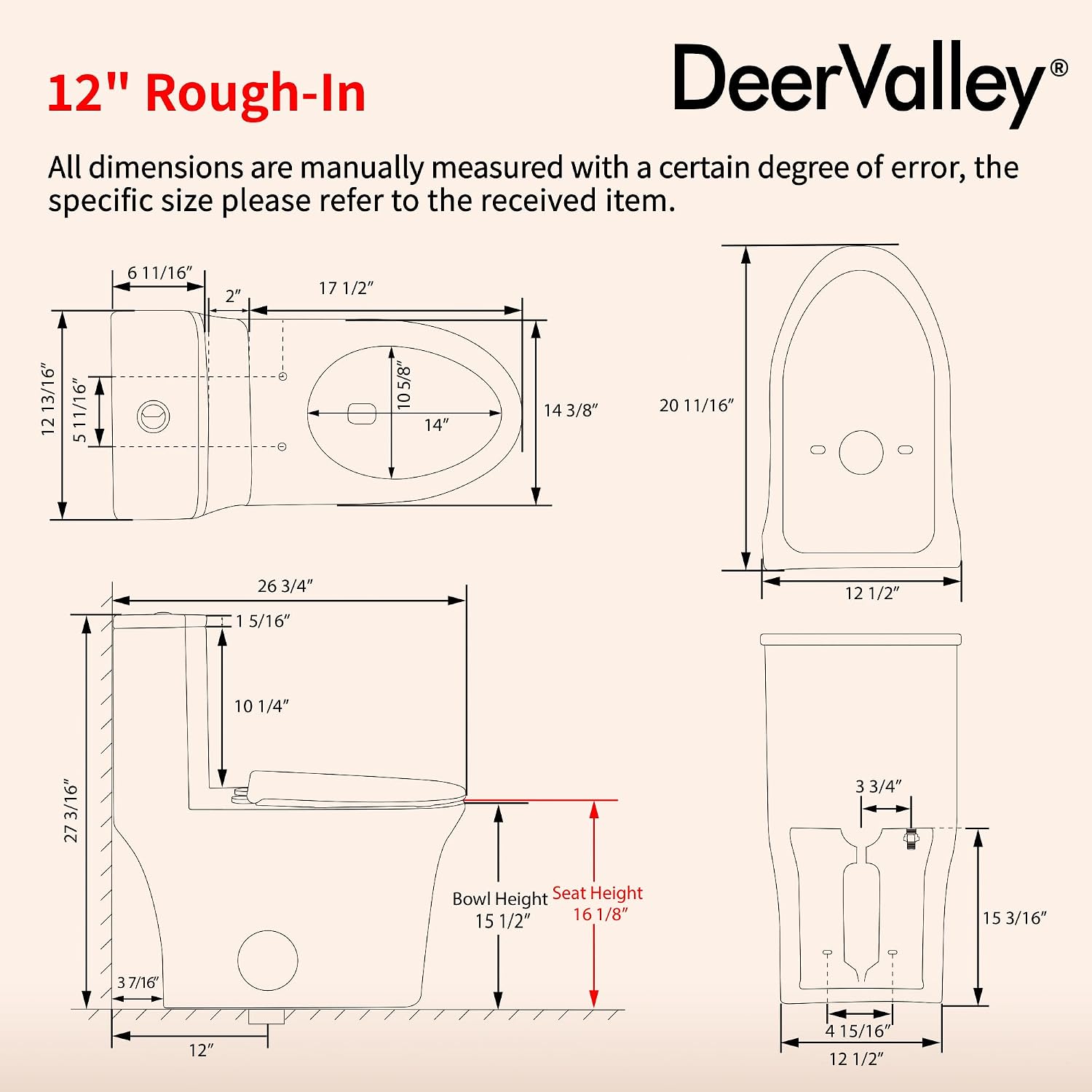 DeerValley Symmetry One Piece Toilet, Dual Flush 1.1/1.6 GPF Elongated Standard Toilet for Bathroom, Toilets with Comfortable Seat Height (Seat Included) (White)