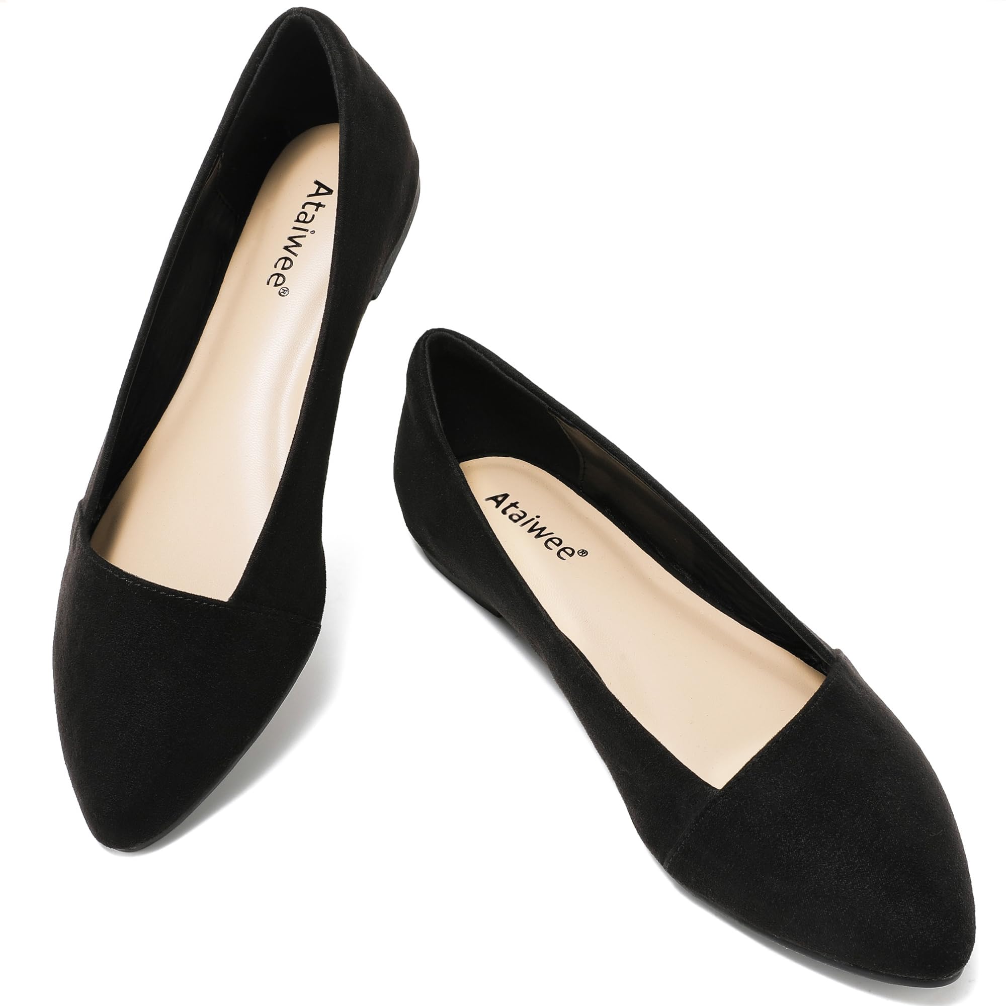 Ataiwee Women's Wide Width Ballet Flats - Stylish Pointed Toe Suede, Soft Comfortable Non-slip Sole.