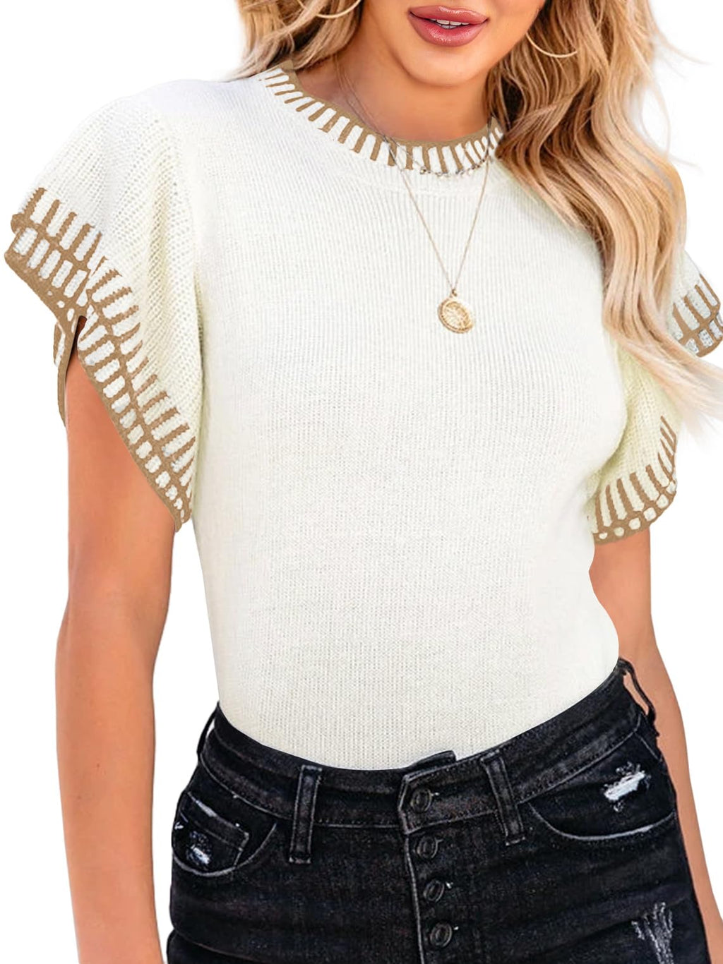 Saodimallsu Womens Short Sleeve Sweaters Tops Summer Ruffle Striped Loose Crew Neck Lightweight Soft Shirts Knit Sweater