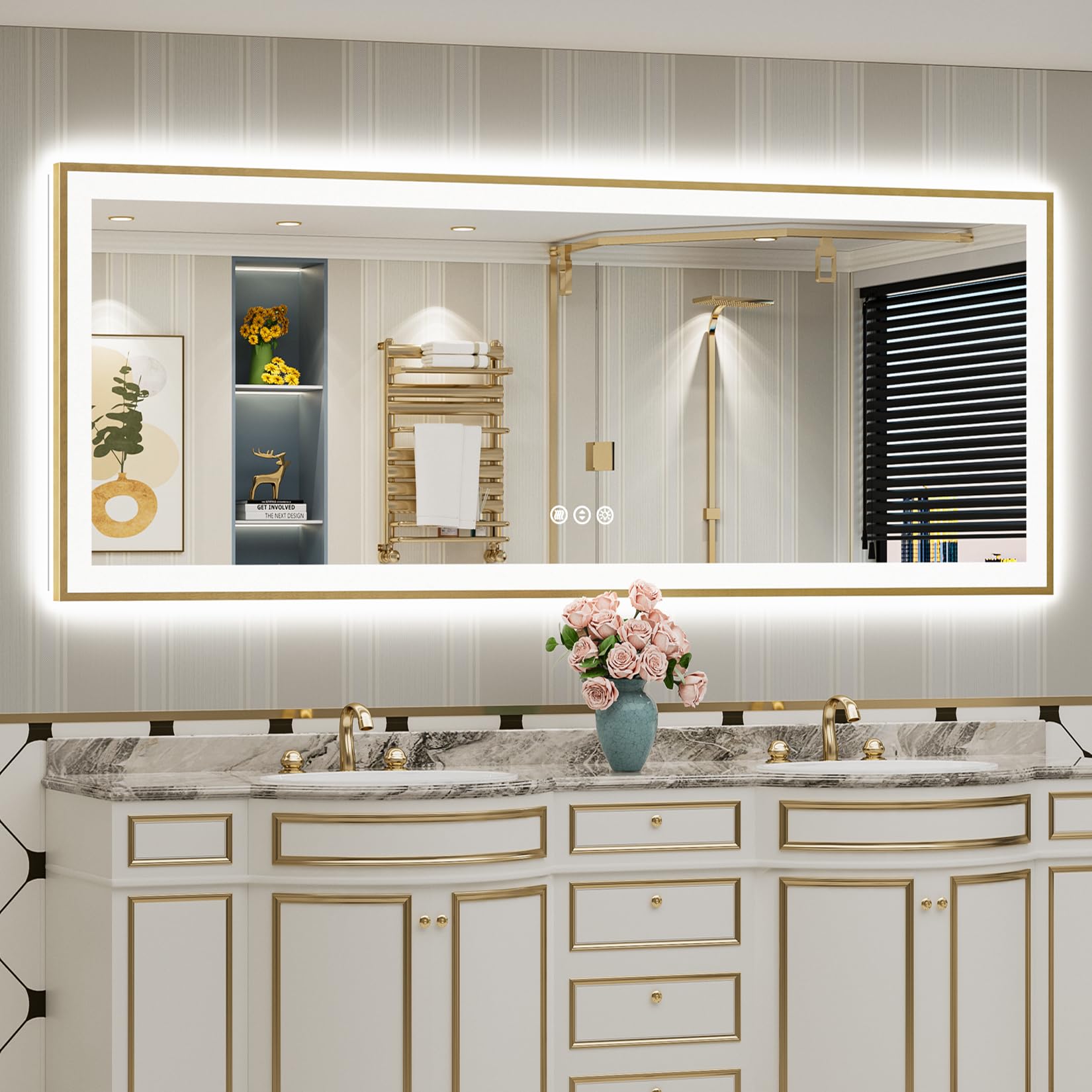 24x36 Gold Beveled LED Bathroom Mirror with Lights, Brushed Gold Framed Backlit and Front Lit Anti-Fog Lighted Vanity Mirrors for Bathroom Wall, Dimmable, 3 Colors, Memory, HD Tempered Glass